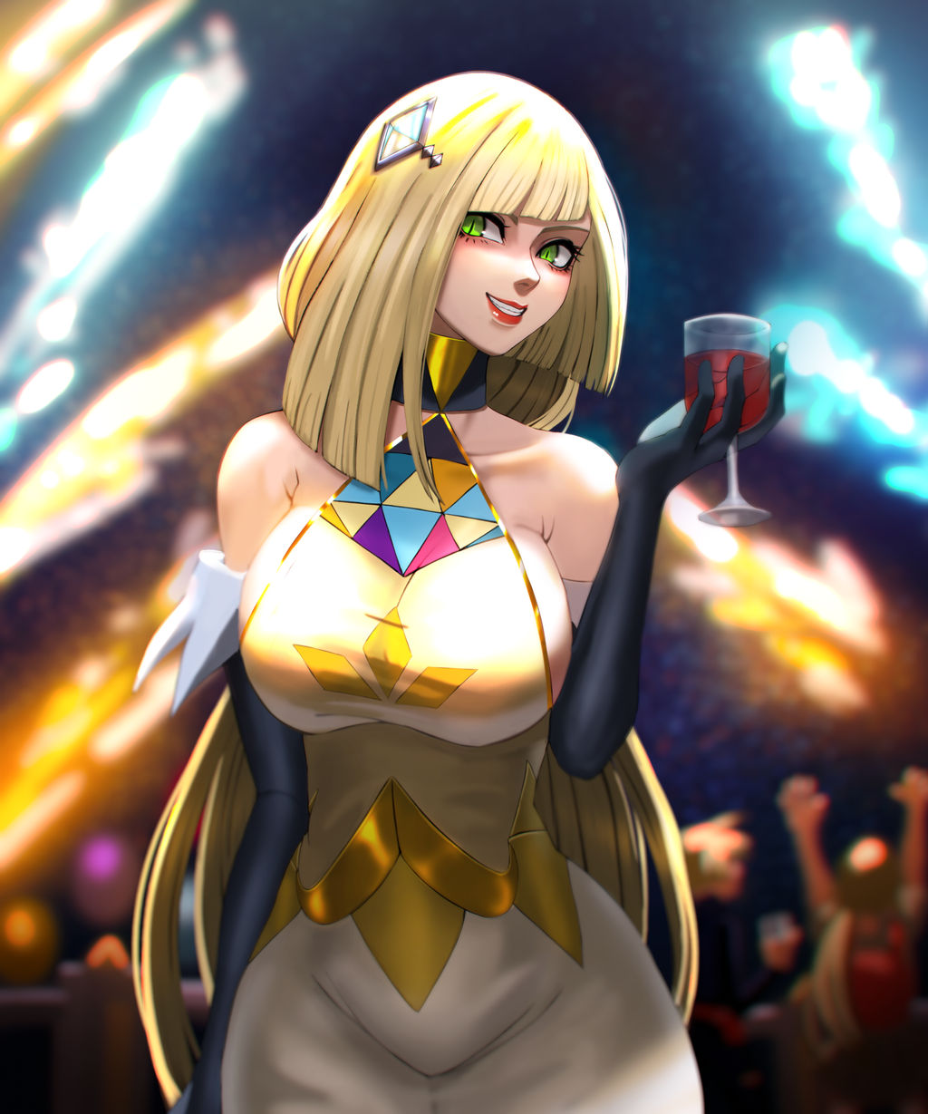 1boy 1girl alcohol bare_shoulders black_gloves black_pants black_shirt blonde_hair breasts character_request commentary commission creatures_(company) cup dinalexis dress drinking_glass elbow_gloves english_commentary evil_grin evil_smile game_freak gladion_(pokemon) gloves green_eyes grin hair_ornament highres holding holding_cup large_breasts long_hair looking_at_viewer lusamine_(pokemon) mature_female mother_and_son nintendo official_alternate_costume pants pokemon pokemon_masters_ex red_lips shirt short_hair sideboob sleeveless sleeveless_dress slit_pupils smile teeth wine_glass yellow_dress