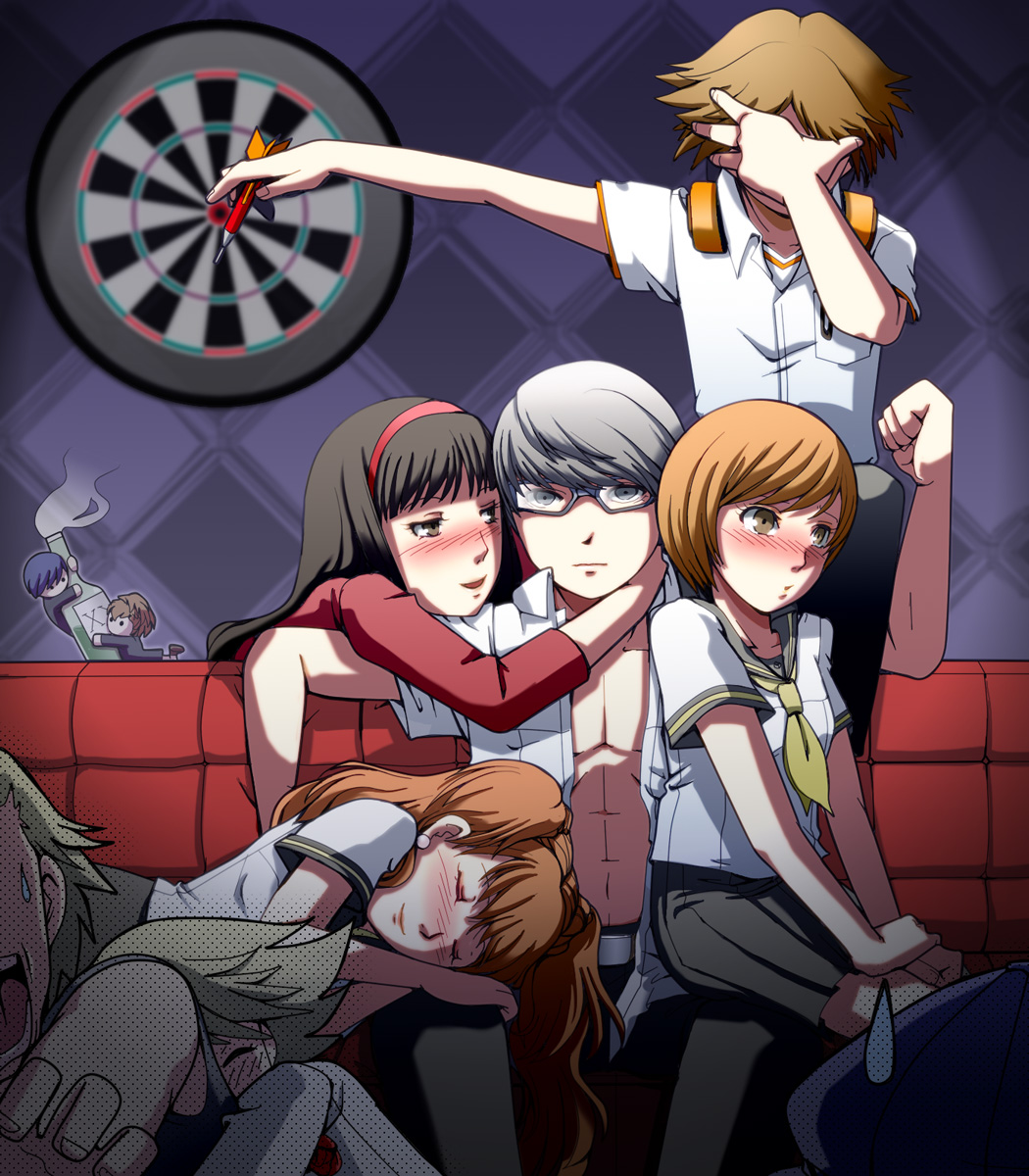5boys 5girls abs amagi_yukiko black_hair blonde_hair blush bottle brown_eyes brown_hair chair couch dart dartboard drunk facepalm flexing girl_sandwich glasses grey_eyes grey_hair hanamura_yousuke harem hat headphones highres hug kujikawa_rise kuma_(persona_4) lap_pillow long_hair manly megami_tensei multiple_boys multiple_girls narukami_yu open_clothes open_mouth open_shirt persona persona_3 persona_3_portable persona_4 pimp revision sandwiched satonaka_chie shin_megami_tensei shiomi_kotone shirogane_naoto shirt short_hair sitting sitting_on_person smile sweatdrop tatsumi_kanji tokiwa_(mukoku) twintails very_short_hair yuuki_makoto_(persona_3)