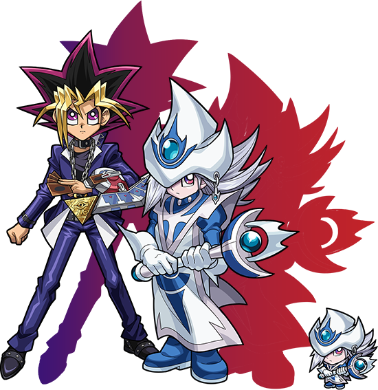 1boy 1girl black_choker black_shirt blonde_hair blue_jacket blue_pants card chain chibi choker duel_disk duel_monster gloves grey_hair holding holding_card holding_wand jacket long_hair millennium_puzzle monster_strike multicolored_hair muto_yugi official_art pants purple_eyes shirt silent_magician silent_magician_lv4 tabard wand white_gloves white_tabard yu-gi-oh!