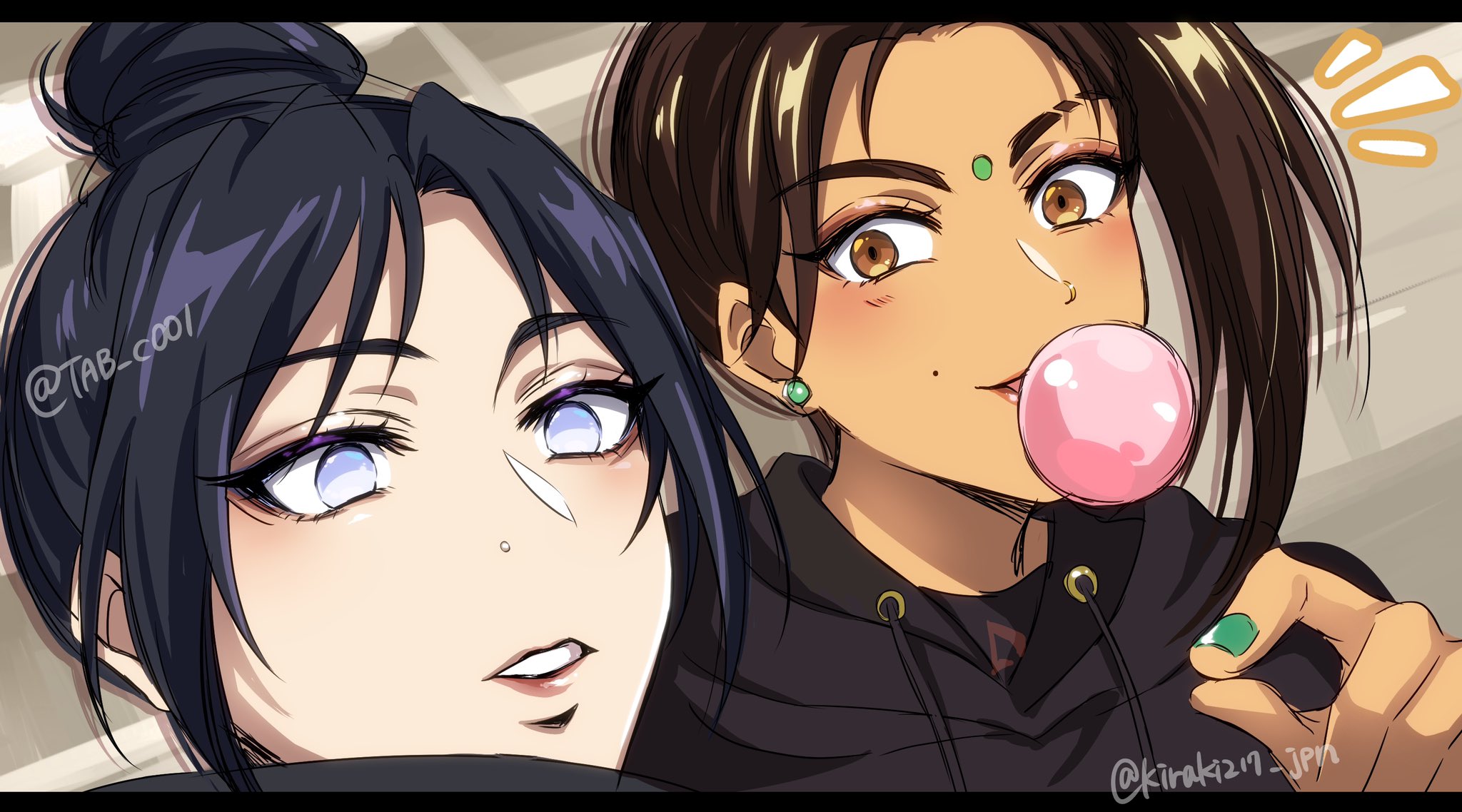 2girls animification apex_legends black_hair black_hoodie blue_eyes brown_eyes brown_hair chewing_gum drawstring eyebrow_cut face_piercing green_nails hair_bun highres hood hood_down hoodie kiraki letterboxed looking_at_viewer medium_hair multiple_girls no_pupils nose_piercing notice_lines parted_lips photo-referenced piercing rampart_(apex_legends) single_hair_bun smile twitter_username v-shaped_eyebrows wraith_(apex_legends)