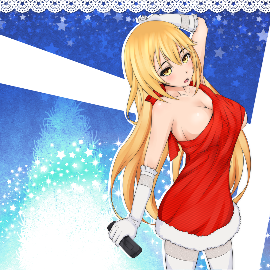 1girl alternate_eyebrows arm_up bare_shoulders blonde_hair blue_background breasts bright_pupils brown_eyes christmas cleavage commentary_request controller dress elbow_gloves feet_out_of_frame fur-trimmed_dress fur_trim gloves hair_between_eyes head_tilt holding holding_remote_control large_breasts light_blush long_bangs long_hair looking_at_viewer mismatched_eyebrows multicolored_eyes open_mouth red_dress remote_control santa_costume santa_dress shin_(highest1192) shokuhou_misaki solo sozaiyamimi star-shaped_pupils star_(symbol) symbol-shaped_pupils thighhighs toaru_kagaku_no_railgun toaru_kagaku_no_railgun_s toaru_majutsu_no_index two-tone_eyes very_long_hair white_gloves white_thighhighs yellow_eyes yellow_pupils