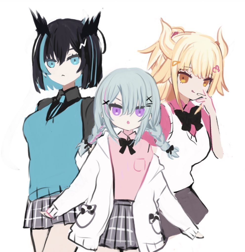 3girls :o :q amrzs_(vtuber) black_bow black_hair blonde_hair blue_eyes blue_hair blue_necktie bow braid breasts brown_eyes closed_mouth collared_shirt grey_skirt hair_between_eyes haiz_(vtuber) horns licking_lips long_sleeves low_twintails medium_breasts monstar_(company) multicolored_hair multiple_girls necktie olda_(vtuber) parted_lips pink_hair pink_shirt pleated_skirt purple_eyes school_uniform shiodome_oji shirt short_sleeves simple_background skirt sleeves_past_wrists smile square_live streaked_hair sweater_vest tongue tongue_out twin_braids twintails virtual_youtuber white_background