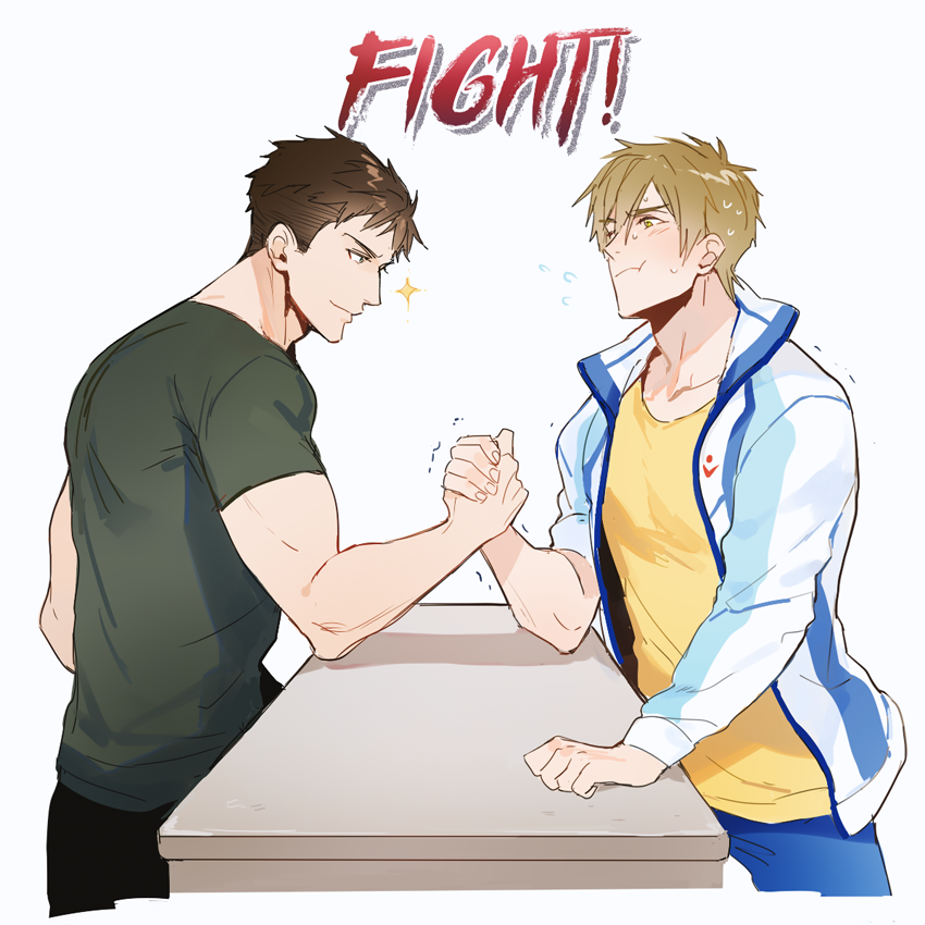 2boys arm_wrestling black_hair black_pants blue_pants brown_hair casual closed_mouth elbow_on_table english_text free! green_shirt jacket light_smile long_sleeves male_focus motion_lines multiple_boys muscular muscular_male namekaho open_clothes open_jacket pants shirt short_hair short_sleeves simple_background sparkle sweat t-shirt table tachibana_makoto track_jacket white_background white_jacket yamazaki_sousuke yellow_shirt