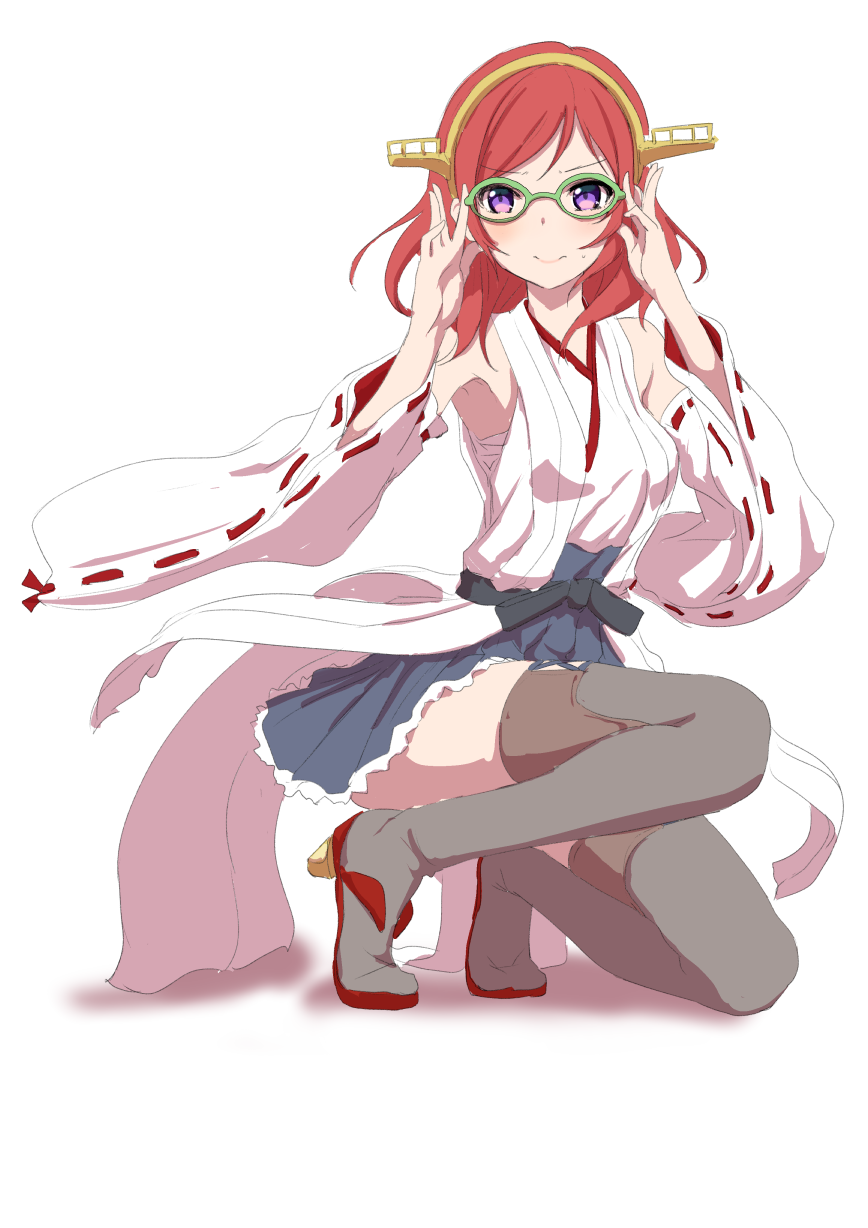 1girl adjusting_eyewear bare_shoulders bespectacled blush boots clearite cosplay detached_sleeves female_focus glasses hairband highres japanese_clothes kantai_collection kirishima_(kancolle) kirishima_(kancolle)_(cosplay) looking_at_viewer love_live! love_live!_school_idol_project nishikino_maki purple_eyes red_hair ribbon-trimmed_sleeves ribbon_trim short_hair skirt solo squatting thigh_boots thighhighs
