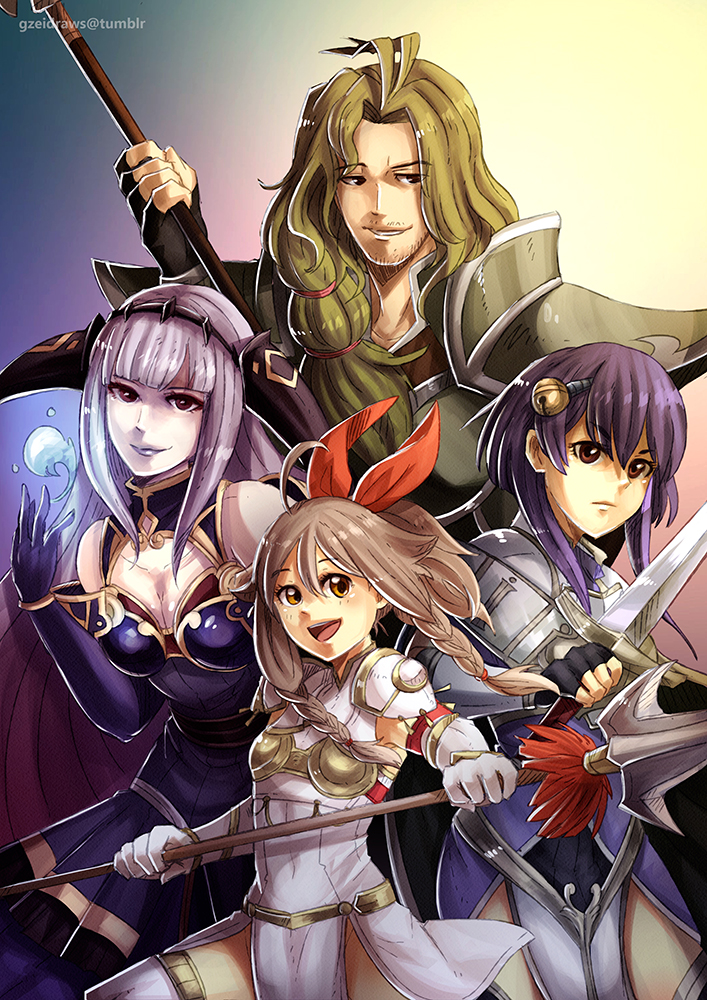 1boy 3girls armor bow breastplate cape emma_(fire_emblem) fire_emblem fire_emblem_cipher fire_emblem_echoes:_shadows_of_valentia green_hair grin gzei hair_bow holding holding_sword holding_weapon lando_(fire_emblem) looking_at_viewer multiple_girls nintendo pauldrons polearm purple_hair randal_(fire_emblem) shade_(fire_emblem) shoulder_armor smile spear sword weapon white_hair yuzu_(fire_emblem)