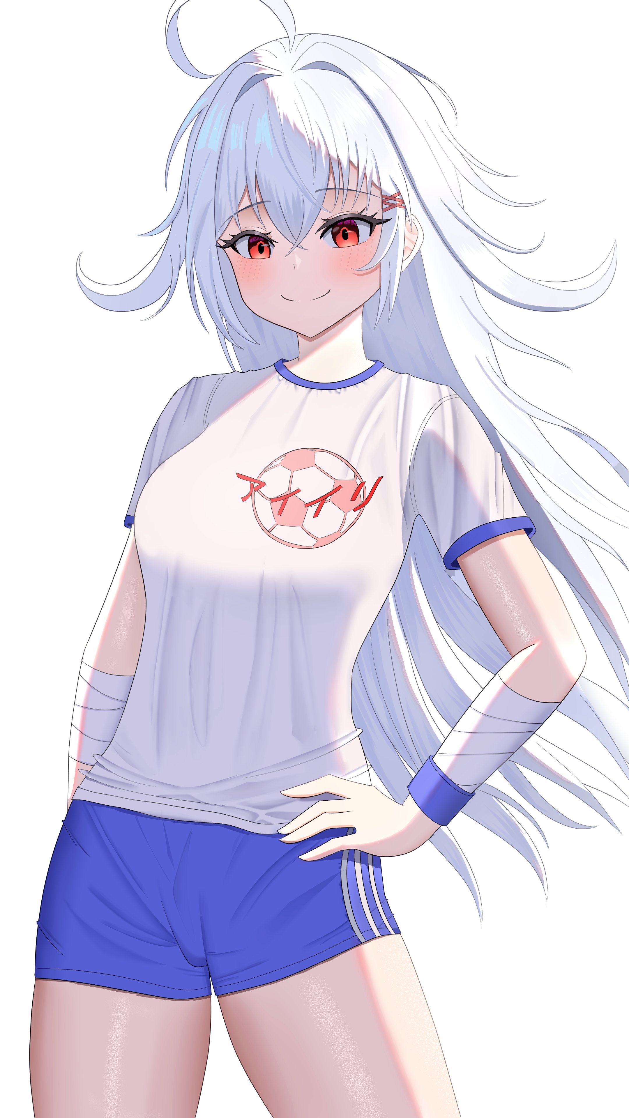 1girl absurdres bandages blush breasts buruma contrapposto cowboy_shot hand_on_own_hip highres long_hair looking_at_viewer original red_eyes shirt shorts smile solo white_background white_shirt yissou_art