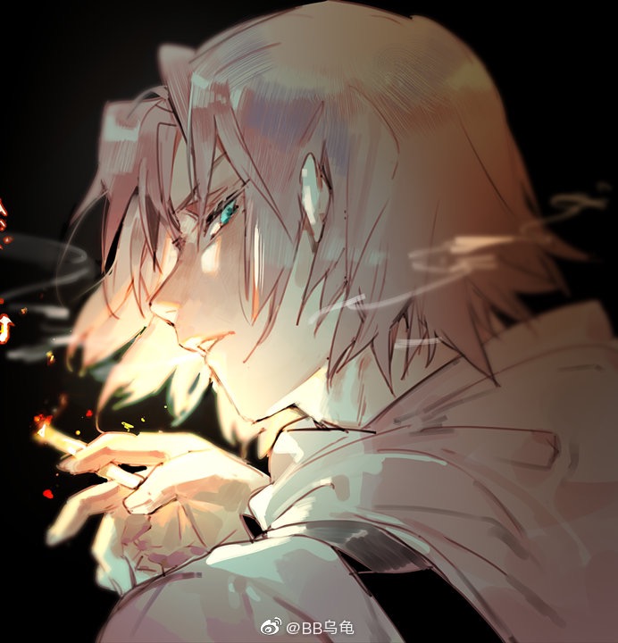 1boy aqua_eyes artist_name black_background bokyo cape cigarette fire from_behind gokudera_hayato grey_hair holding holding_cigarette jacket katekyo_hitman_reborn! looking_at_viewer looking_back male_focus parted_bangs parted_lips portrait short_hair simple_background smoke smoking solo upper_body watermark weibo_watermark