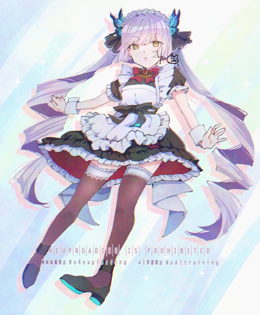1girl alternate_costume apron blunt_bangs butterfly_hair_ornament drill_hair enmaided frilled_apron frills hair_ornament heaven_burns_red long_hair maid maid_apron maid_headdress official_alternate_costume ogasawara_hisame puffy_short_sleeves puffy_sleeves rin_0101010 short_sleeves solo twintails white_apron white_hair yellow_eyes