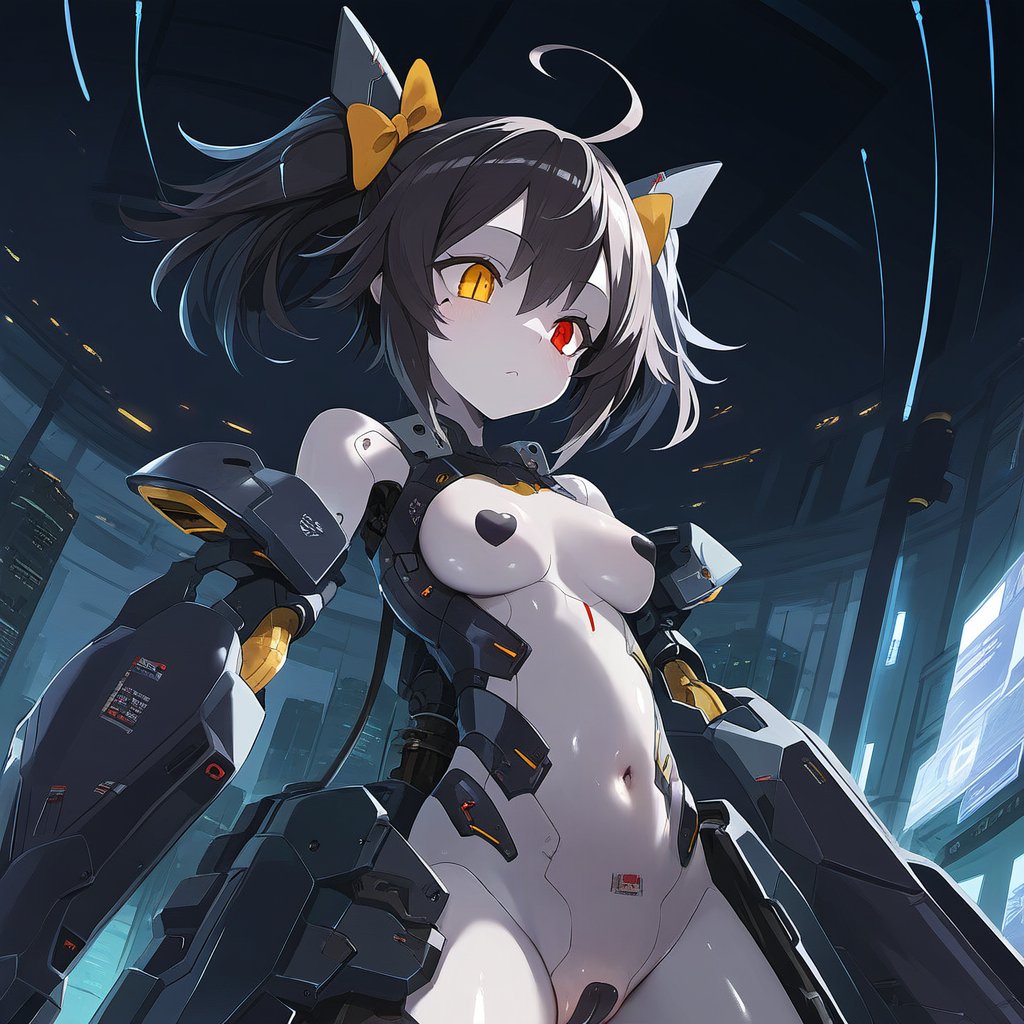 1girl 2024 ahoge aino_x alice_alucard black_hair bow censored cyborg gynoid hair_bow heart heart_censor heterochromia indie_virtual_youtuber red_eyes robot solo virtual_youtuber yellow_bow yellow_eyes