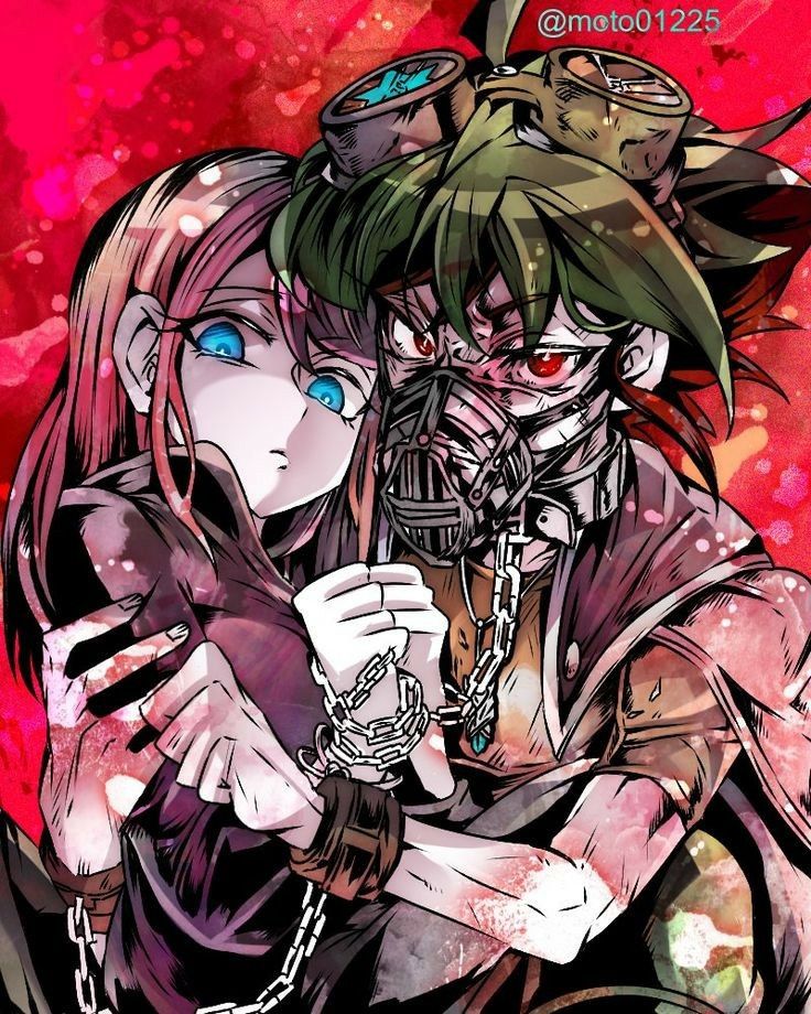 1boy 1girl ahoge angry animal_collar artist_request bad_id bad_pixiv_id black_choker black_pants blood blood_on_hands blue_eyes cargo_pants chain chain_leash choker clenched_hand collar cuffed facing_to_the_side facing_viewer goggles goggles_on_head green_hair green_pants hand_on_another&#039;s_arm hiiragi_yuzu holding holding_chain huddle jacket jacket_on_shoulders jewelry leaning_on_person leaning_to_the_side leash looking_at_viewer muzzle_(mask) open_clothes open_jacket own_hands_together pants pendant pink_hair popped_collar prison_clothes red-eye_effect red_background red_shirt restrained sakaki_yuya shirt twitter_username white_jacket wrist_chain wrist_cuffs yu-gi-oh! yu-gi-oh!_arc-v