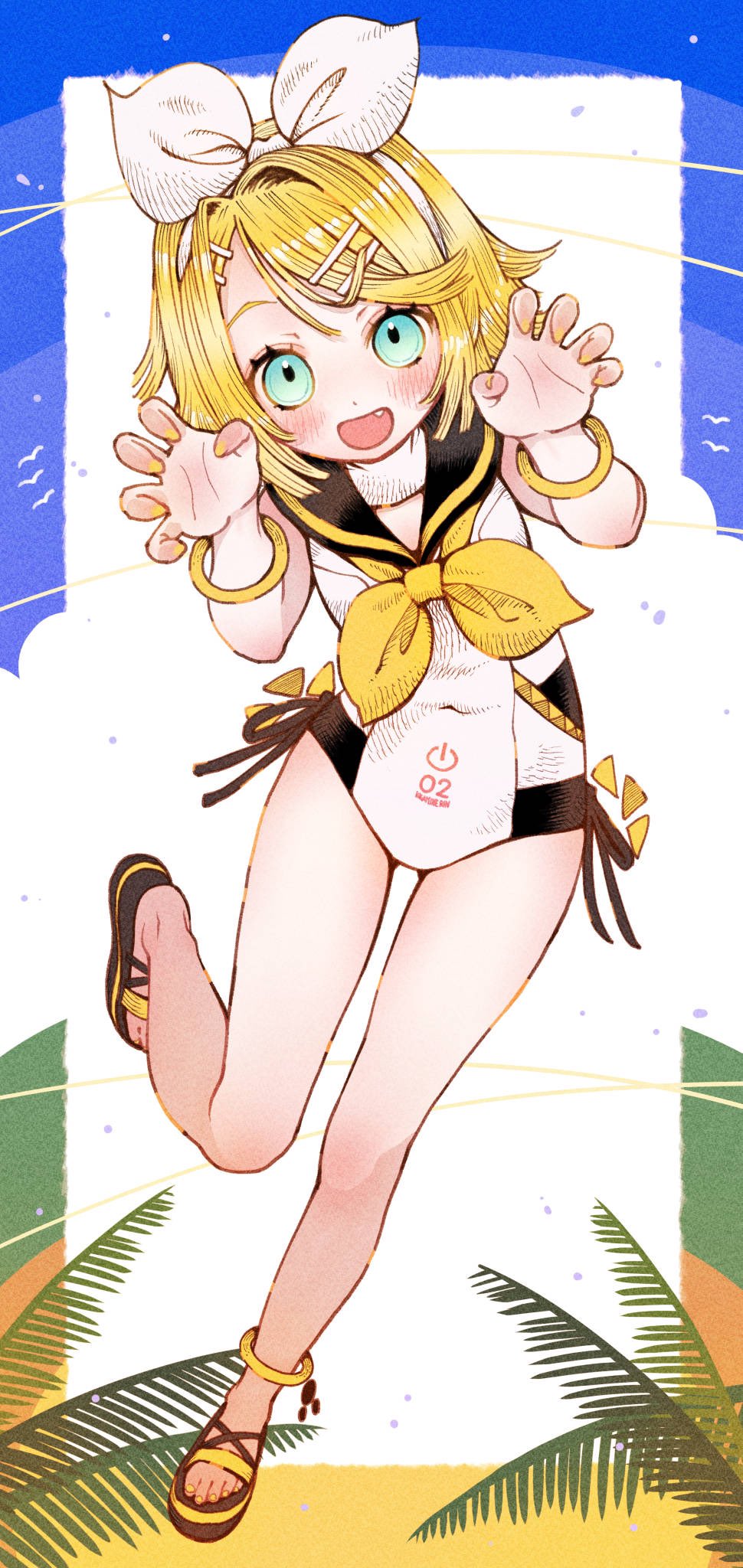 1girl adapted_costume black_sailor_collar blonde_hair blue_border blue_eyes blue_sky border bow bow_hairband bracelet claw_pose cloud commentary covered_navel fang full_body green_border hair_ornament hairband hairclip hands_up highres jewelry kagamine_rin kawamitsu looking_at_viewer multicolored_border neckerchief no_socks one-piece_swimsuit open_mouth outside_border palm_leaf platform_sandals power_symbol sailor_collar sailor_one-piece_swimsuit sand sandals short_hair simple_bird sky smile solo standing standing_on_one_leg swept_bangs swimsuit vocaloid white_background white_border white_bow white_hairband white_one-piece_swimsuit yellow_border yellow_nails yellow_neckerchief