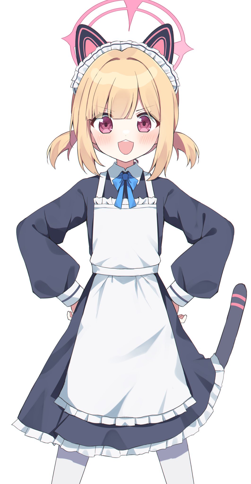 1girl :d animal_ear_headphones animal_ears blonde_hair blue_archive cat_ear_headphones fake_animal_ears halo headphones highres looking_at_viewer maid maid_headdress momoi_(blue_archive) momoi_(maid)_(blue_archive) murase48 official_alternate_costume open_mouth pink_eyes pink_halo simple_background smile solo white_background