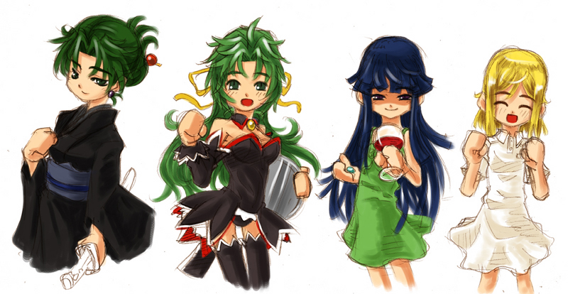 4girls alcohol angel_mort blonde_hair blush child cup detached_collar dress drinking_glass earrings furude_rika hair_ribbon higurashi_no_naku_koro_ni japanese_clothes jewelry katana kimono mother_and_daughter multiple_girls open_mouth ribbon ryou_(shirotsumesou) short_hair simple_background smile sonozaki_akane sonozaki_shion sword tanashi_miyoko weapon wine