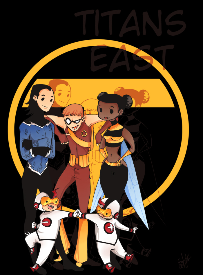 4boys aqua_lad arrow_(projectile) bee_costume black_eyes black_hair bodysuit bow_(weapon) brothers bumble_bee cartoon_network chibi crossed_arms dark_skin dc_comics domino_mask double_bun family fingerless_gloves garth gloves goggles hands_on_own_hips insect_wings karen_beecher male_focus mas_(dc) mask menos_(dc) midriff multiple_boys orange_hair quiver red_footwear roy_harper shoes siblings speedy teen_titans twins vambraces weapon wings yellow_footwear