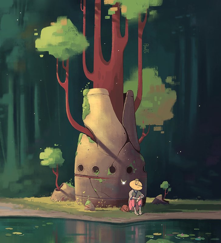 1other almirgusic ambiguous_gender arms_on_knees boots forest grass hat lily_pad moss nap nature original outdoors plant pottery reflection reflective_water rock ruins scenery sitting sleeping tree water wide_brim wide_shot