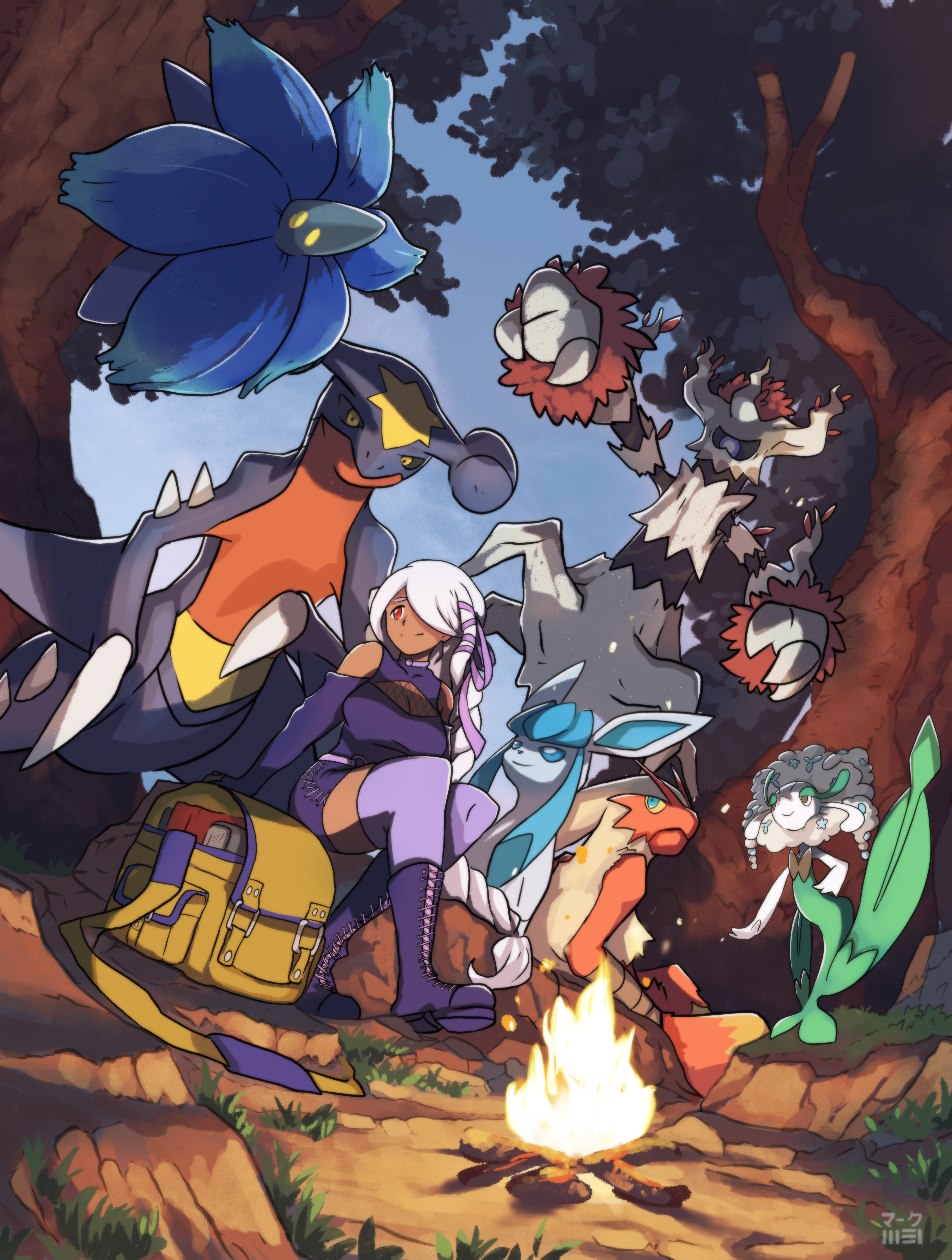 absurdres bag blaziken camp campfire camping evening fire floating florges garchomp gen_3_pokemon gen_4_pokemon gen_6_pokemon glaceon glimmora grass highres mark331 nintendo outdoors pokemon pokemon_(creature) team tree trevenant white_hair