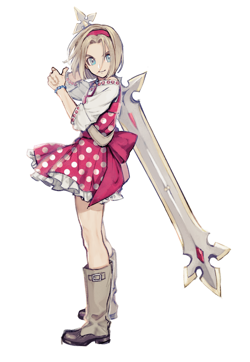 1boy aqua_eyes bead_bracelet bead_necklace beads boots bow bracelet brown_boots brown_hair closed_mouth commentary_request cosplay crossdressing dragon_quest dragon_quest_xi dress floating_hair gem hairband hand_tattoo hero_(dq11) highres holding holding_sword holding_weapon jewelry looking_to_the_side male_focus necklace parted_hair polka_dot polka_dot_dress red_bow red_dress red_gemstone red_hairband senya_(dq11) senya_(dq11)_(cosplay) shirt shirt_under_dress short_hair smile sword tattoo vze6277 waist_bow weapon white_background white_shirt