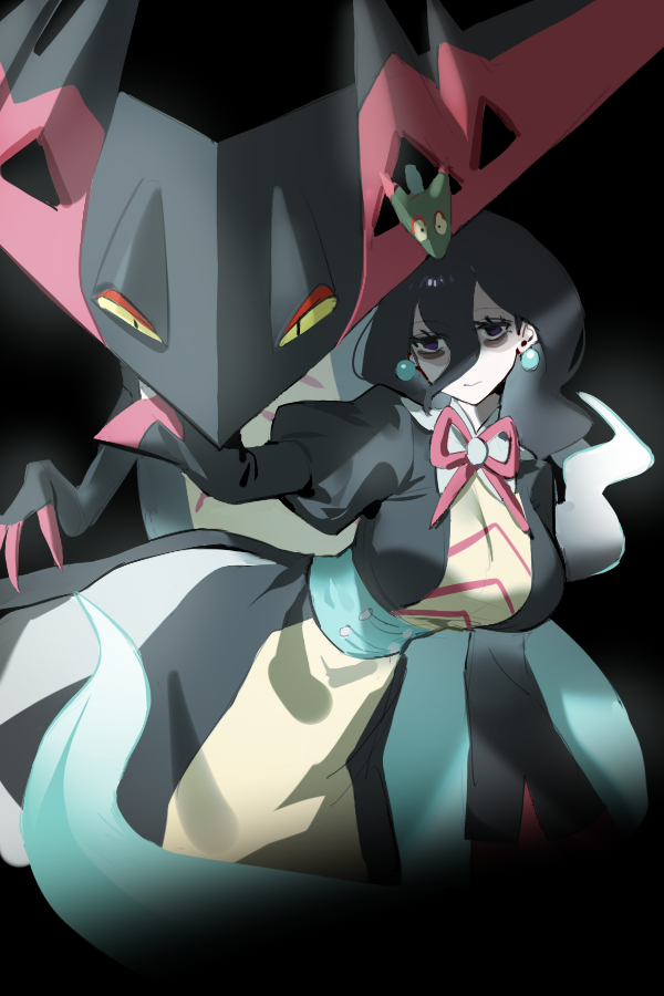 1girl 2others alternate_color aqua_skin bags_under_eyes black_eyes black_hair breasts chevron_(symbol) colored_sclera colored_skin dragapult dragon dreepy dress earrings floating gen_8_pokemon ghost ghost_tail gradient_skin green_dress hair_between_eyes half-closed_eyes hex_maniac_(pokemon) hex_maniac_(pokemon_legends:_z-a) jewelry large_breasts large_earrings long_hair long_sleeves multiple_others nintendo pink_claws pink_ribbon pokemon pokemon_(creature) pokemon_legends:_z-a puffy_long_sleeves puffy_sleeves purple_eyes raine_(acke2445) raised_inner_eyebrows ribbon sphere_earrings yellow_sclera