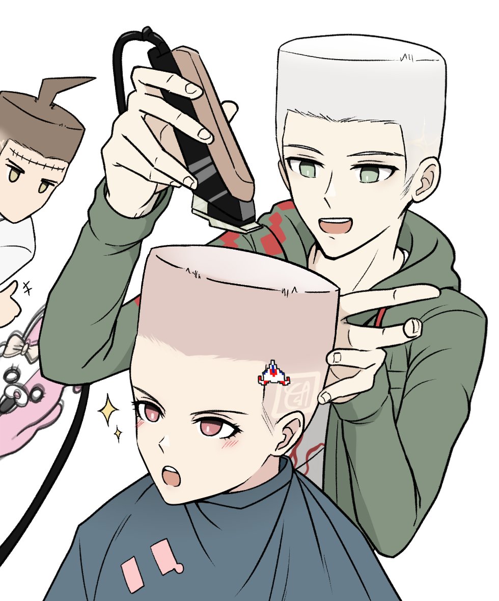 1girl 2boys :d :o ahoge alternate_hairstyle blush bow brown_eyes choso_giving_toudou_a_haircut_(meme) danganronpa_(series) danganronpa_2:_goodbye_despair ear_bow galaga green_jacket hair_ornament hairdressing hinata_hajime holding holding_razor hood hood_down hooded_jacket jacket kmnm_1403 komaeda_nagito meme monomi_(danganronpa) multiple_boys nanami_chiaki open_clothes open_jacket open_mouth pink_eyes razor scar scar_on_face scar_on_forehead smile sparkle teeth upper_teeth_only