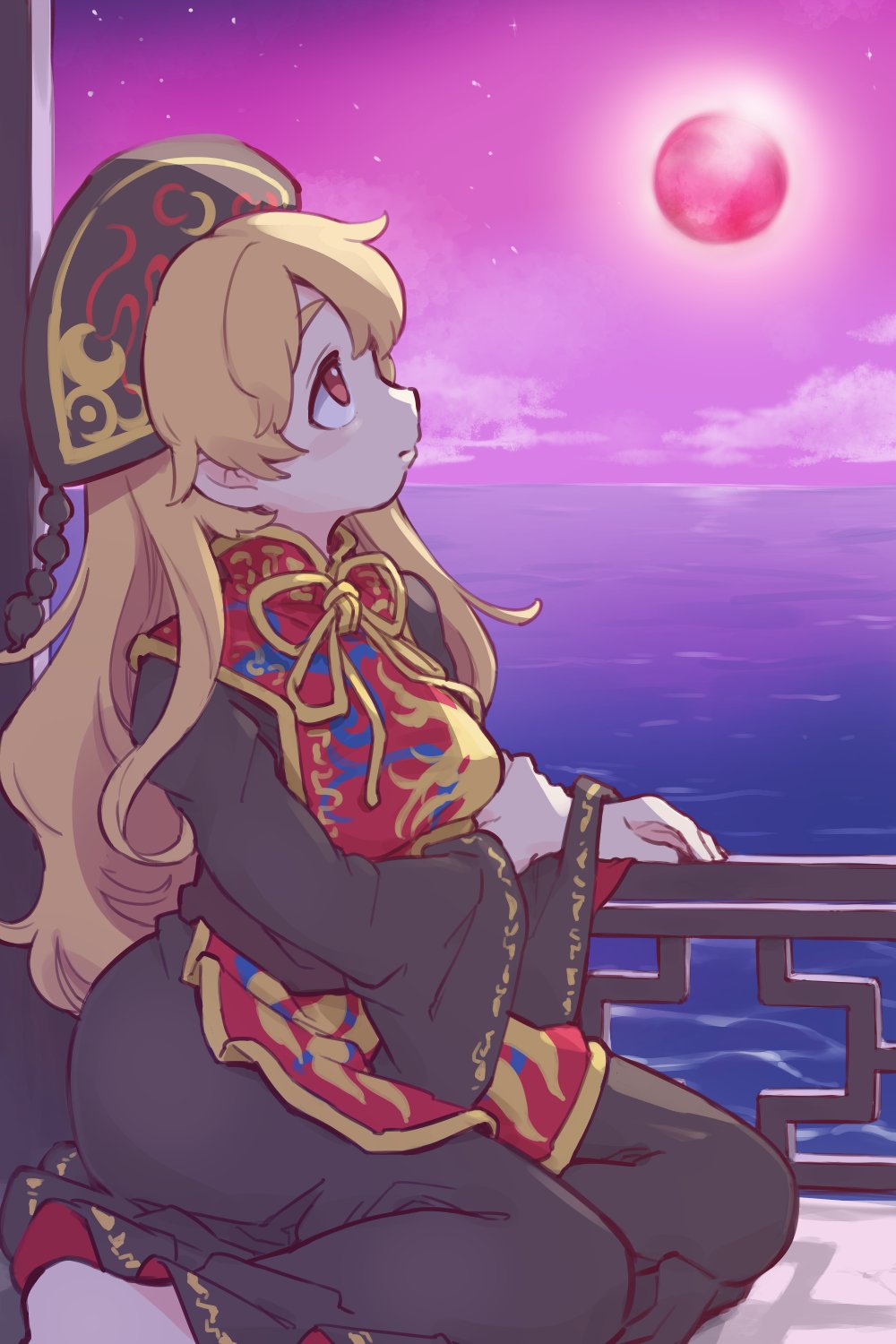 1girl barefoot black_dress black_hat blonde_hair breasts closed_mouth cloud cloudy_sky commentary_request dress full_moon hat highres itatatata junko_(touhou) junko_day long_hair long_sleeves medium_breasts moon neck_ribbon phoenix_crown pom_pom_(clothes) red_eyes red_tabard ribbon sitting sky solo tabard touhou very_long_hair wide_sleeves yellow_ribbon yokozuwari