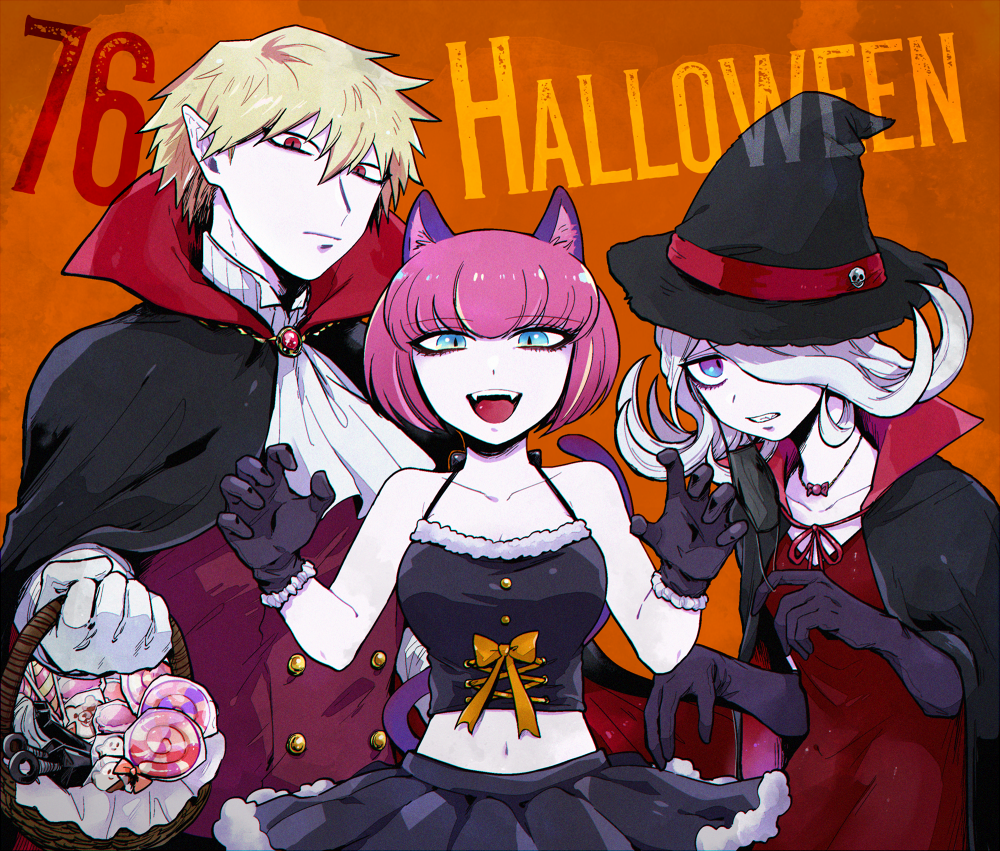 1boy 2girls :d ando_ruruka animal_ears ascot bare_shoulders basket black_cape black_gloves black_headwear black_skirt blonde_hair bow breasts buttons candy cape cat_ears collarbone commentary_request danganronpa_(series) danganronpa_3_(anime) double-breasted dress fangs food fur-trimmed_gloves fur-trimmed_shirt fur_trim gloves gradient_background grey_hair grin hair_between_eyes hair_over_one_eye halloween hat holding holding_basket izayoi_sounosuke kimura_seiko kunai large_breasts long_hair multicolored_hair multiple_girls navel open_mouth orange_background orange_bow pink_hair pleated_skirt pointy_ears red_cape red_dress red_eyes shimada_(dmisx) shirt short_hair skirt slit_pupils smile stomach streaked_hair teeth two-sided_cape two-sided_fabric upper_body vampire weapon white_ascot white_gloves witch witch_hat