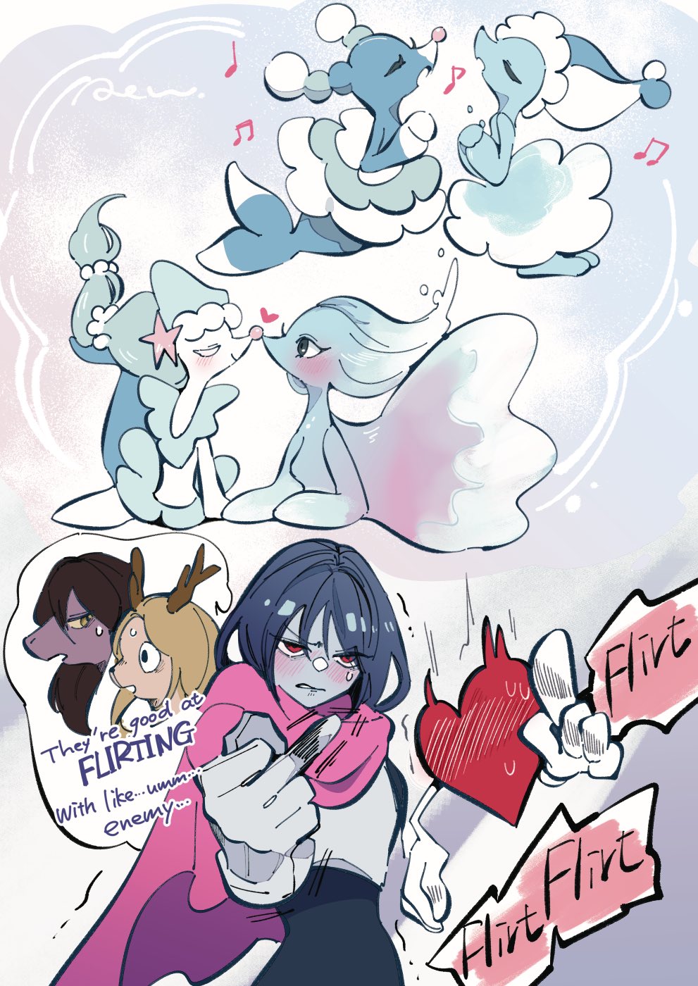 4girls 4others angry antlers brionne cape crossover deer_girl deltarune english_text gen_7_pokemon heart highres horns kris_(dark_world)_(deltarune) kris_(deltarune) middle_finger miss_mizzle mizzle_(deltarune) multiple_girls multiple_others music musical_note nintendo noelle_holiday noses_touching pointing pokemon pokemon_(creature) primarina rendoll reptile_girl singing soul_(deltarune) susie_(deltarune) trait_connection