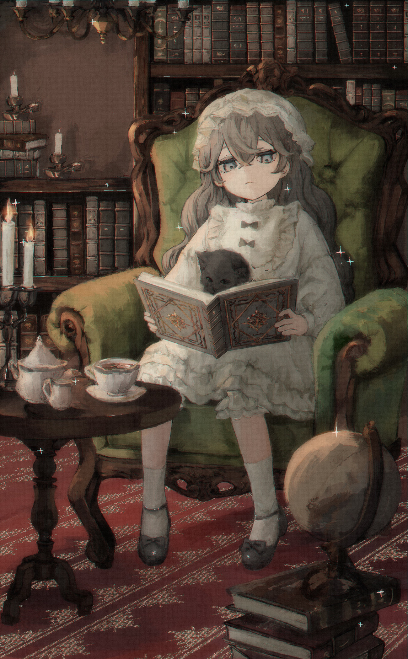 1girl armchair book book_stack bookshelf candle candlestand cat chair chandelier child creamer_(vessel) cup dress expressionless full_body globe grey_eyes grey_hair hat highres holding holding_book indoors long_hair mary_janes mob_cap original shoes sitting socks solo sparkle table tea_set teacup teapot tomoja_rs white_dress white_hat white_socks