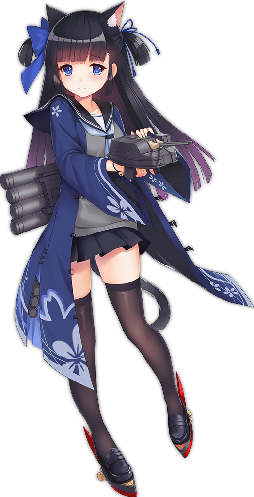 1girl 3: allenes animal_ears azur_lane bell black_hair black_sailor_collar black_shoes black_skirt black_thighhighs blouse blue_bow blue_eyes blue_neckerchief blue_ribbon blunt_bangs blush bow breasts cat_ears cat_girl cat_tail closed_mouth collarbone dot_nose eyebrows eyelashes facing_away female_focus floral_print full_body grey_shirt hair_bow hair_ribbon hatsuharu_(azur_lane) jingle_bell loafers long_hair long_sleeves machinery miniskirt neckerchief official_art pleated_skirt ribbon rudder_footwear sailor_collar school_uniform serafuku shawl ship_turret shirt shoes sidelocks skirt small_breasts solo straight_hair tail tareme thighhighs transparent_background two_side_up wide_sleeves wristband