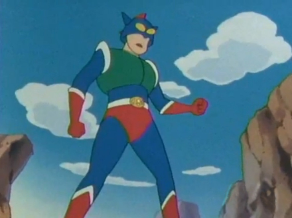 1boy action_kamen belt blue_bodysuit bodysuit crayon_shin-chan gloves helmet male_focus male_swimwear non-web_source red_gloves red_male_swimwear solo