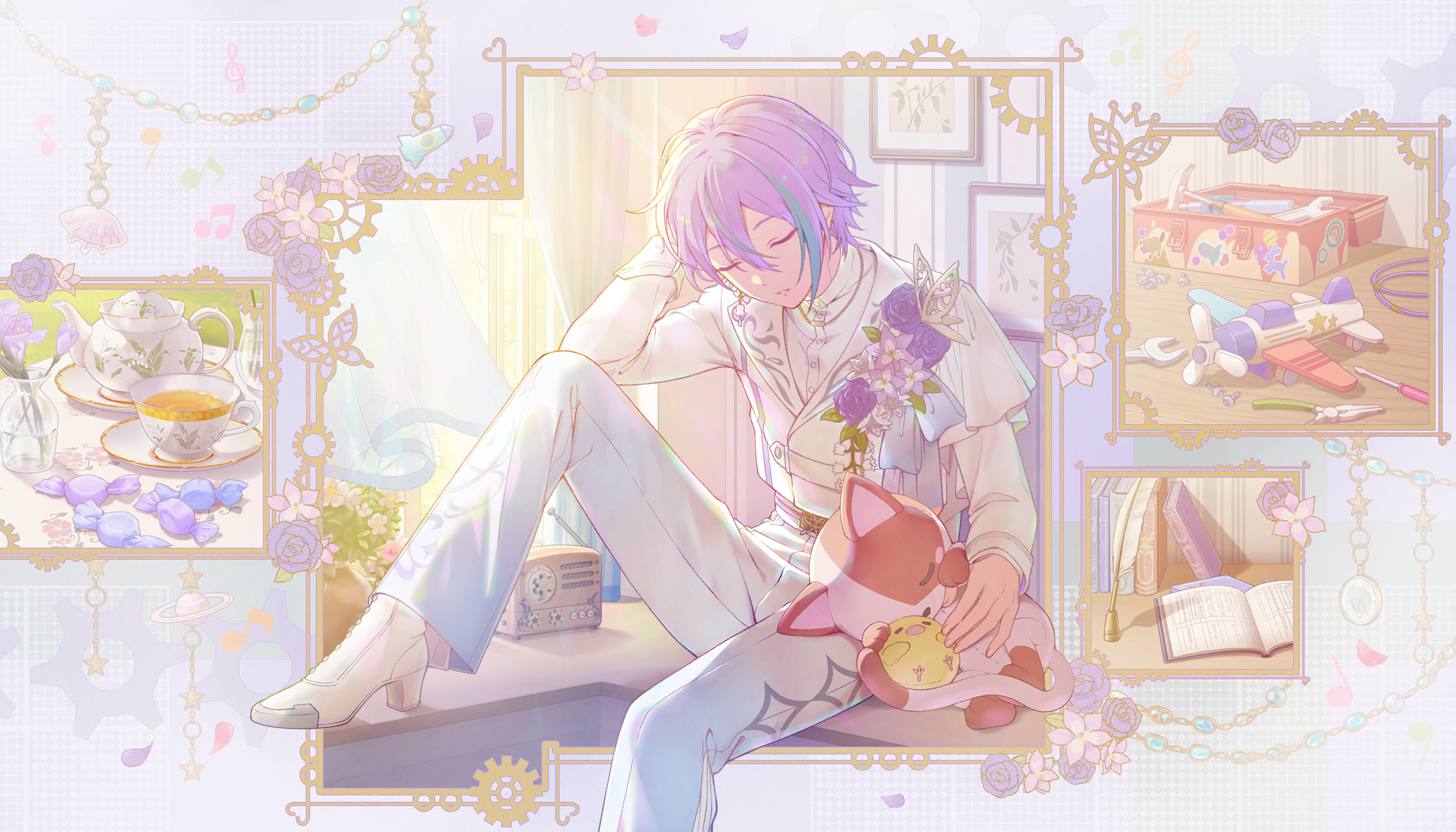 1boy closed_eyes colorful_palette cup dear_my_fellows_(project_sekai) game_cg highres kamishiro_rui official_alternate_costume official_art project_sekai teacup teapot