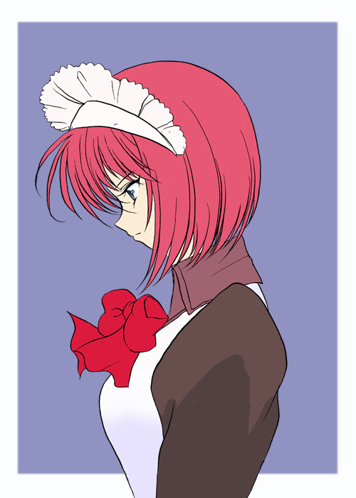 1girl apron blue_eyes bow from_side hisui_(tsukihime) long_sleeves maid maid_apron maid_headdress red_hair ribbon short_hair simple_background solo torso tsukihime tsukushi_kazuki type-moon white_apron