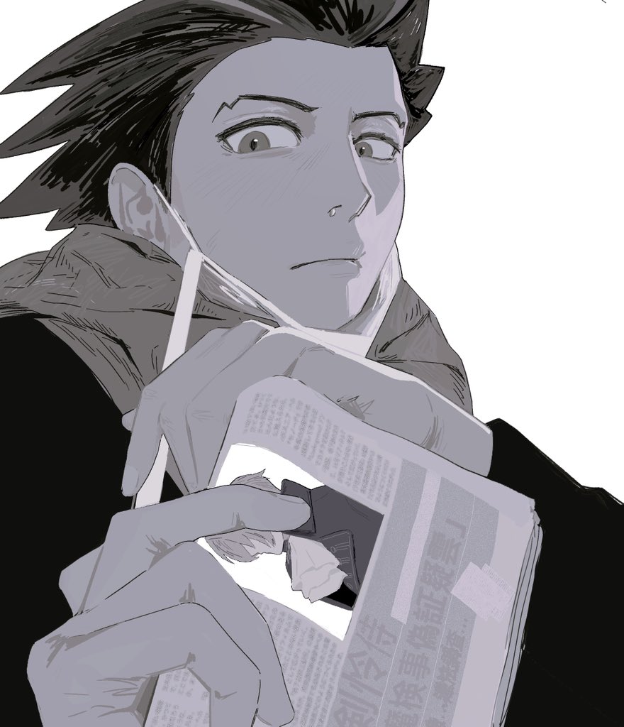1boy ace_attorney arms_up greyscale hair_slicked_back holding holding_newspaper long_sleeves looking_at_object male_focus maplehmm mask mask_pull miles_edgeworth monochrome mouth_mask newspaper phoenix_wright runny_nose scarf simple_background snot solo upper_body white_background