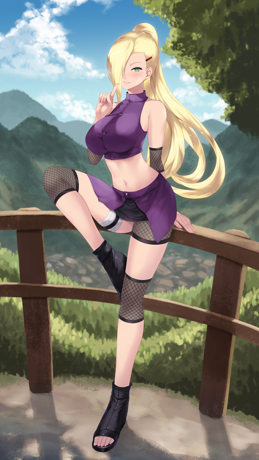 1girl black_footwear blonde_hair cait_aron crop_top elbow_pads fishnets green_eyes hair_over_one_eye highres knee_pads looking_at_viewer midriff miniskirt mountainous_horizon naruto_(series) navel one_eye_covered outdoors ponytail purple_shirt purple_skirt shirt skirt solo toeless_footwear yamanaka_ino