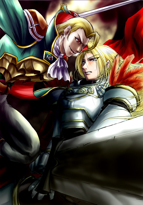 2boys armor blonde_hair cape clenched_teeth ascot dgr green_eyes grin huge_weapon knight long_hair male_focus multiple_boys raphael_sorel red_eyes siegfried_schtauffen smile soul_calibur soulcalibur_iii sword teeth vlad=emon weapon