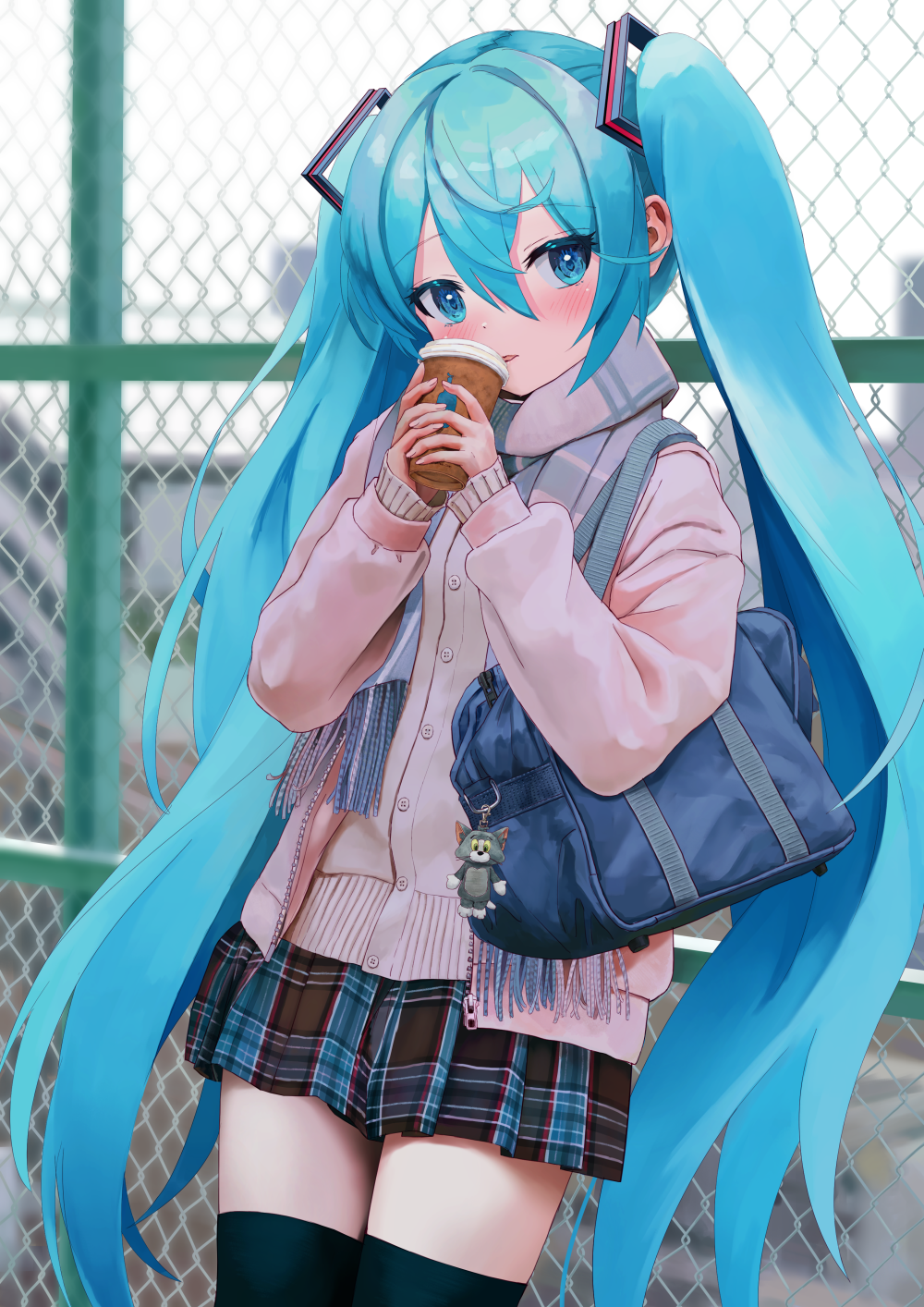 1girl bag bag_charm black_thighhighs blue_eyes blue_hair blurry blurry_background blush cardigan chain-link_fence character_doll charm_(object) commentary_request cowboy_shot cup disposable_coffee_cup disposable_cup doll fence hair_between_eyes hair_ornament hands_up hatsune_miku heart heart-shaped_pupils highres holding holding_cup jacket leaning_back long_hair long_sleeves looking_at_viewer miniskirt outdoors parted_lips pink_cardigan pink_jacket pink_scarf plaid_clothes plaid_scarf plaid_skirt pleated_skirt scarf school_bag school_uniform skirt solo symbol-shaped_pupils takepon1123 thighhighs tom_(tom_and_jerry) tom_and_jerry twintails very_long_hair vocaloid zettai_ryouiki