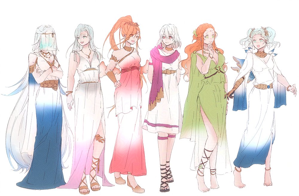 6+girls ancient_greek_clothes ankle_lace-up azeyma bare_shoulders barefoot blue_dress blue_eyes breasts dress ff14hioo_oo7 final_fantasy final_fantasy_xiv gladiator_sandals greco-roman_clothes green_dress green_eyes grey_hair halone jewelry llymlaen long_hair medium_hair menphina multiple_girls necklace nophica nymeia orange_hair pink_dress ponytail sandals scarf twintails white_dress white_hair yellow_eyes