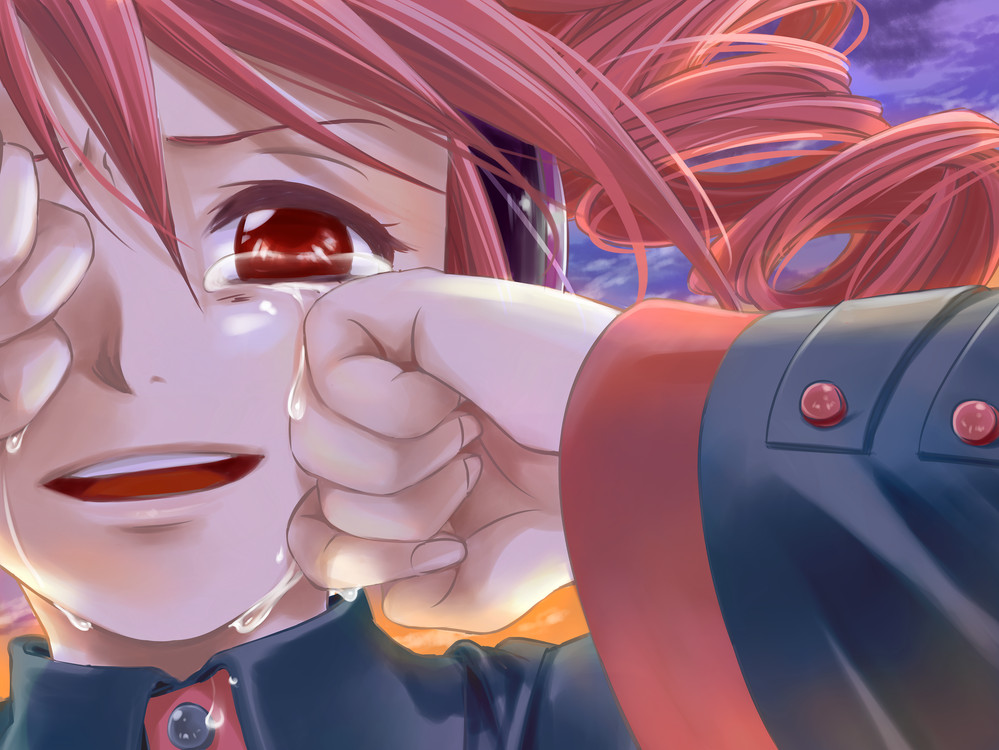 1girl close-up drill_hair female_focus happy_tears kasane_teto kasane_teto_(utau) pink_hair pink_theme portrait red_eyes solo tears toyu twin_drills twintails utau vocaloid wiping_tears