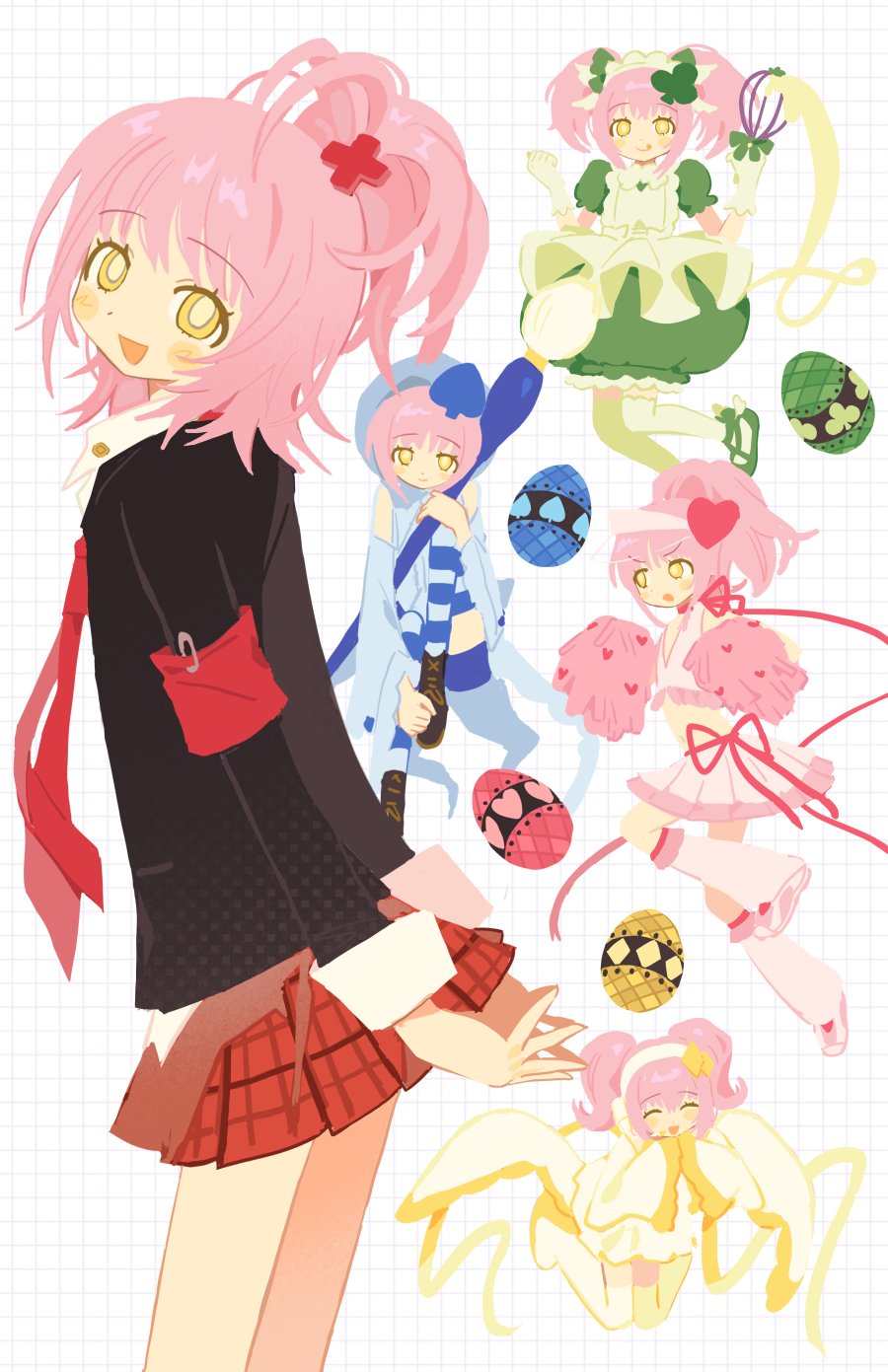 5girls :o amulet_clover amulet_dia amulet_heart amulet_spade apron armband arms_behind_back bare_legs black_footwear black_jacket blue_hat blue_shirt blue_shorts blue_sleeves blue_thighhighs blush_stickers boots bright_pupils chibi closed_eyes clover clover_hair_ornament collared_shirt commentary cowboy_shot crop_top cross cross_hair_ornament detached_sleeves diamond_(shape) diamond_hair_ornament dress egg eyelashes flat_chest frilled_dress frills from_side full_body gloves green_apron green_dress green_footwear green_gloves green_headdress green_thighhighs grid_background hair_ornament hairband hat headphones headset heart heart_hair_ornament highres hinamori_amu holding holding_paintbrush holding_whisk jacket leg_up long_sleeves looking_at_viewer loose_socks magical_girl maid_headdress medium_hair midriff mini_person minigirl miniskirt mota_(motaberrie) multiple_girls navel neck_ribbon necktie open_mouth oversized_object paintbrush pink_boots pink_hair pink_hairband pink_shirt pink_skirt pink_socks plaid_clothes plaid_skirt pleated_skirt pom_pom_(cheerleading) ponytail punk red_armband red_cross red_necktie red_ribbon red_skirt ribbon safety_pin shirt shoes short_hair shorts shugo_chara! sitting skirt sleeveless sleeveless_shirt sleeves_past_fingers sleeves_past_wrists smile sneakers socks spade_(shape) spade_hair_ornament standing striped_clothes striped_thighhighs symbol-only_commentary thigh_boots thighhighs twintails v-shaped_eyebrows whisk white_shirt wide_sleeves winged_footwear wings yellow_boots yellow_eyes yellow_ribbon yellow_skirt yellow_wings zettai_ryouiki