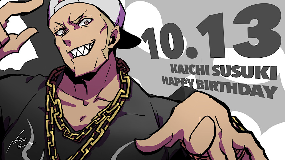 1boy backwards_hat black_shirt blonde_hair brown_eyes chain chain_necklace dark-skinned_male dark_skin dated eme_(204) english_text eyebrows happy_birthday hat jewelry male_focus necklace sharp_teeth shin_subarashiki_kono_sekai shirt sideburns solo subarashiki_kono_sekai susukichi_(ntwewy) teeth upper_body