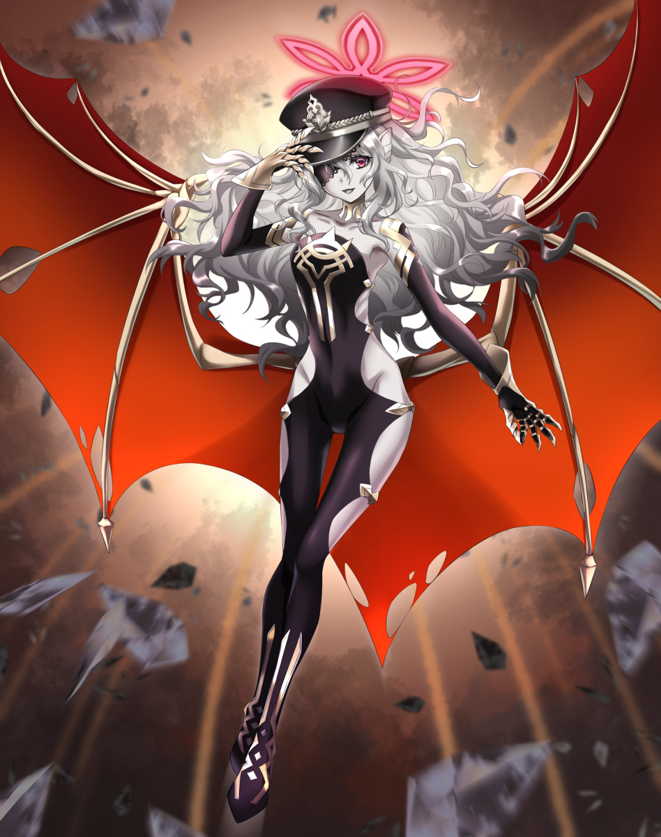 1girl animal_ears bat_wings black_gloves black_hat bodysuit claws clothing_cutout collarbone commission covered_navel debris elbow_gloves embla_(fire_emblem) eyepatch fire_emblem fire_emblem_heroes gauntlets gloves grey_hair groin hat highres hip_vent kakiko210 leg_cutout long_hair monster_girl nintendo one_eye_covered pale_skin red_eyes rubble skeb_commission skin_tight sleeveless sleeveless_bodysuit smile solo wings