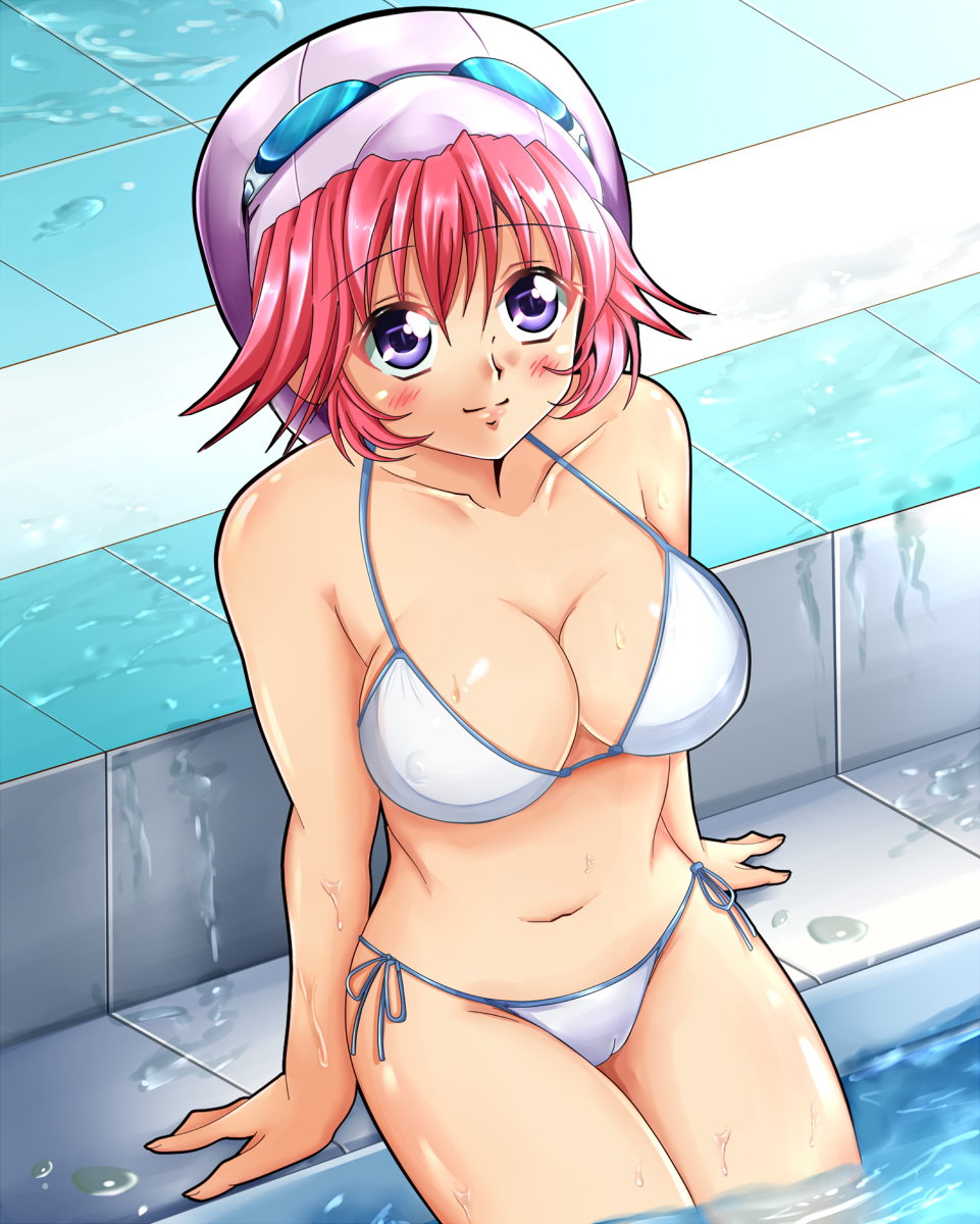 1girl bikini breasts cameltoe cleavage covered_erect_nipples goggles goggles_on_head highres large_breasts mizuho_saiki poolside purple_eyes red_hair see-through_clothes shiguko short_hair sitting soaking_feet super_robot_wars super_robot_wars_original_generation super_robot_wars_original_generation_gaiden super_robot_wars_reversal swimsuit water