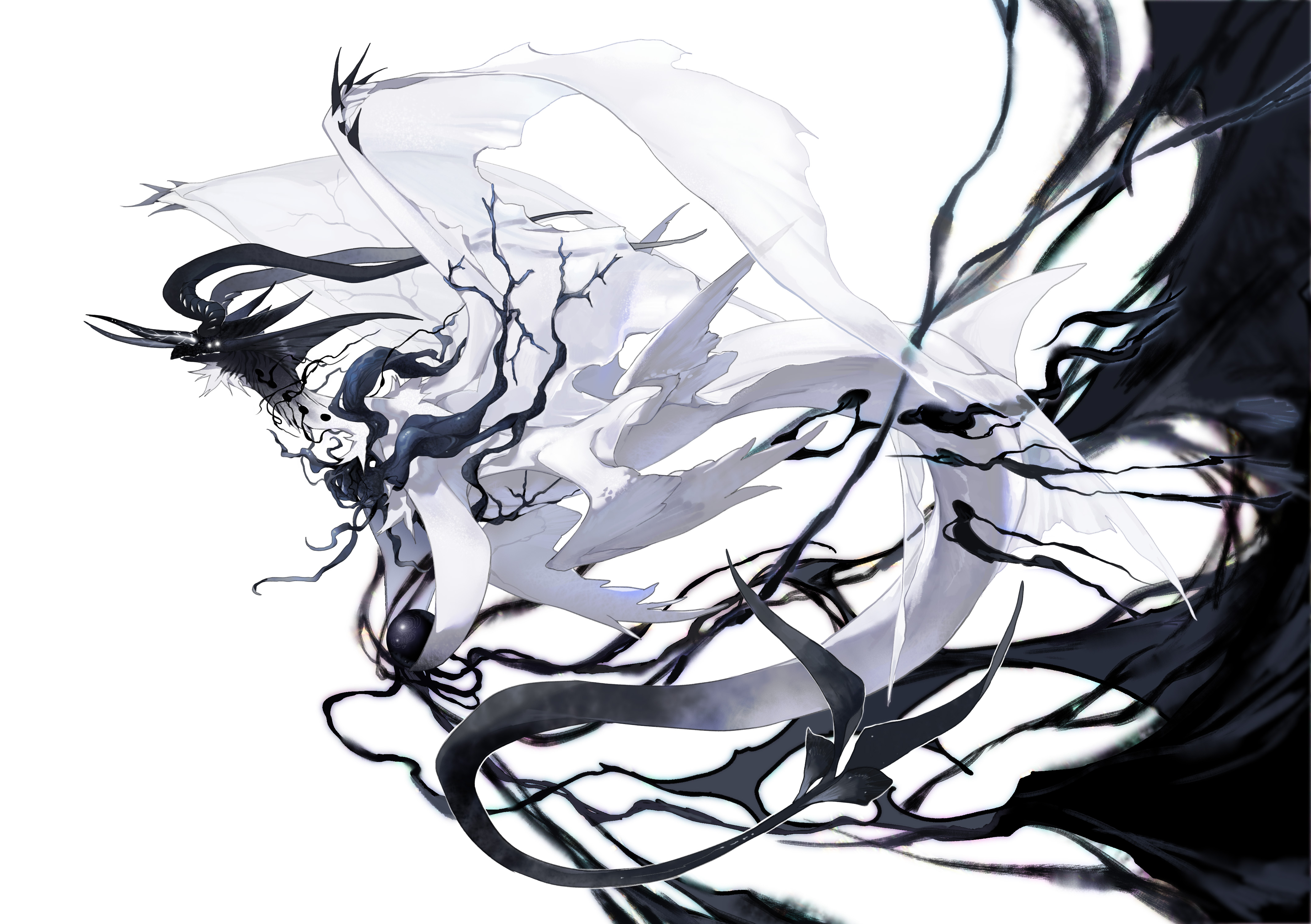 absurdres beak black_background black_fur black_horns colored_skin corruption deepsea9013 dragon extra_eyes feathered_wings from_side gradient_tail highres holding_orb horns monster monster_focus multicolored_skin multiple_horns multiple_wings orb original simple_background solo transparent_wings two-tone_background two-tone_skin white_background white_fur wings