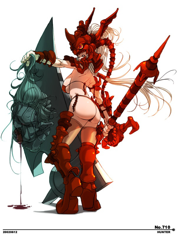 1girl armor ass axe bikini black_eyes blood breasts decapitation defeat falcoon female_focus hunter large_breasts long_hair monster solo swimsuit very_long_hair warrior weapon white_hair wide_hips