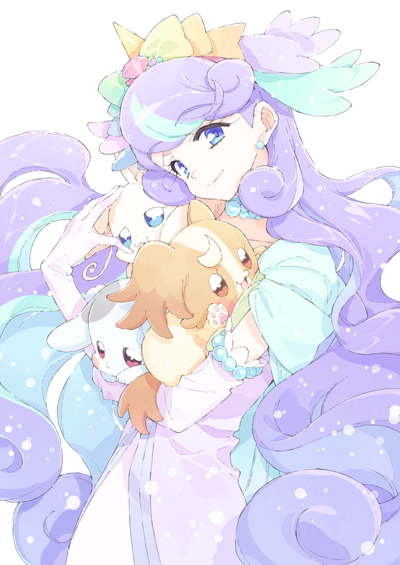 1girl animal blue_eyes blue_hair character_request commentary_request cowboy_shot dress holding holding_animal horns inukai_komugi inukai_komugi_(dog) long_hair multicolored_hair nekoyashiki_yuki nekoyashiki_yuki_(cat) nico-sama precure purple_dress purple_hair simple_background single_horn solo_focus t-okada toyama_daifuku two-tone_hair very_long_hair white_background wonderful_precure!