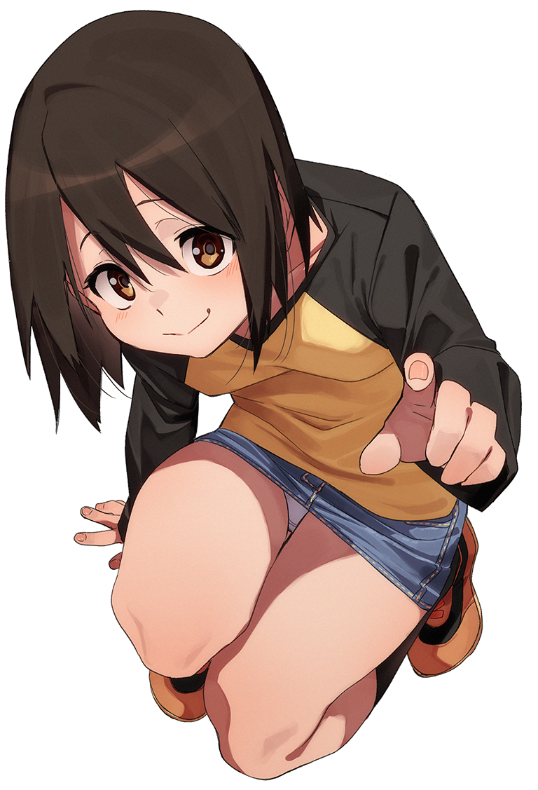 1girl black_hair blue_shorts breasts commentary_request fu-ta kneeling looking_at_viewer nakahara_misaki nhk_ni_youkoso! orange_shoes panties shoes short_hair shorts simple_background small_breasts smile solo thighs underwear white_background white_panties