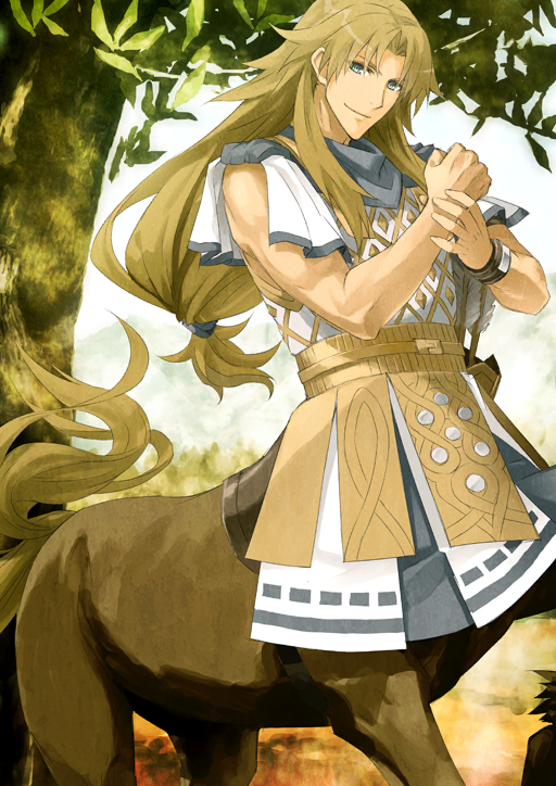 1boy armor blonde_hair blue_eyes blue_sash blue_scarf breastplate centaur chiron_(fate) clenched_hand closed_mouth curtained_hair fate/grand_order fate_(series) gold_armor hair_tie hands_up holding_own_wrist konoe_ototsugu long_hair looking_at_viewer low-tied_long_hair male_focus official_art sash scarf sleeveless smile solo taur third-party_source toned toned_male tree tunic v-shaped_eyebrows white_tunic wristband