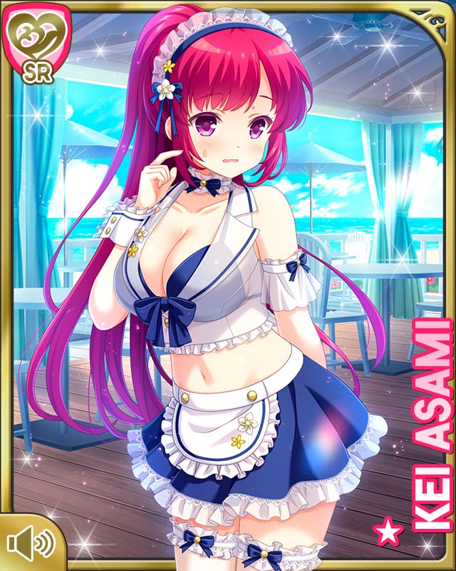 1girl apron asami_kei beach bikini blue_bow blue_skirt blue_thighhighs bow breasts cleavage day girlfriend_(kari) large_breasts long_hair maid_apron maid_headdress official_art open_mouth outdoors ponytail purple_eyes qp:flapper red_hair skirt solo swimsuit thighhighs very_long_hair