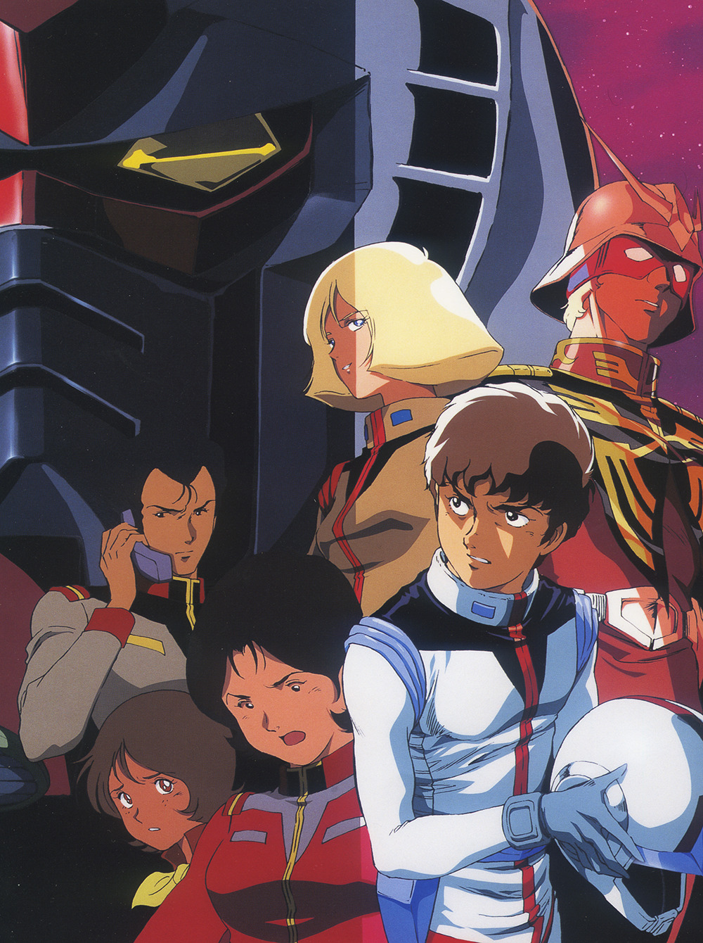 1980s_(style) 3boys 3girls amuro_ray black_hair blonde_hair bright_noa brown_hair char_aznable concept_art eye_mask fraw_bow gloves gundam helmet highres kawamoto_toshihiro key_visual mecha military military_uniform mirai_yashima mobile_suit mobile_suit_gundam multiple_boys multiple_girls official_art oldschool pilot production_art promotional_art retro_artstyle robot rx-78-2_gundam sayla_mass scan scarf science_fiction spacesuit traditional_media unworn_headwear unworn_helmet upper_body yellow_scarf