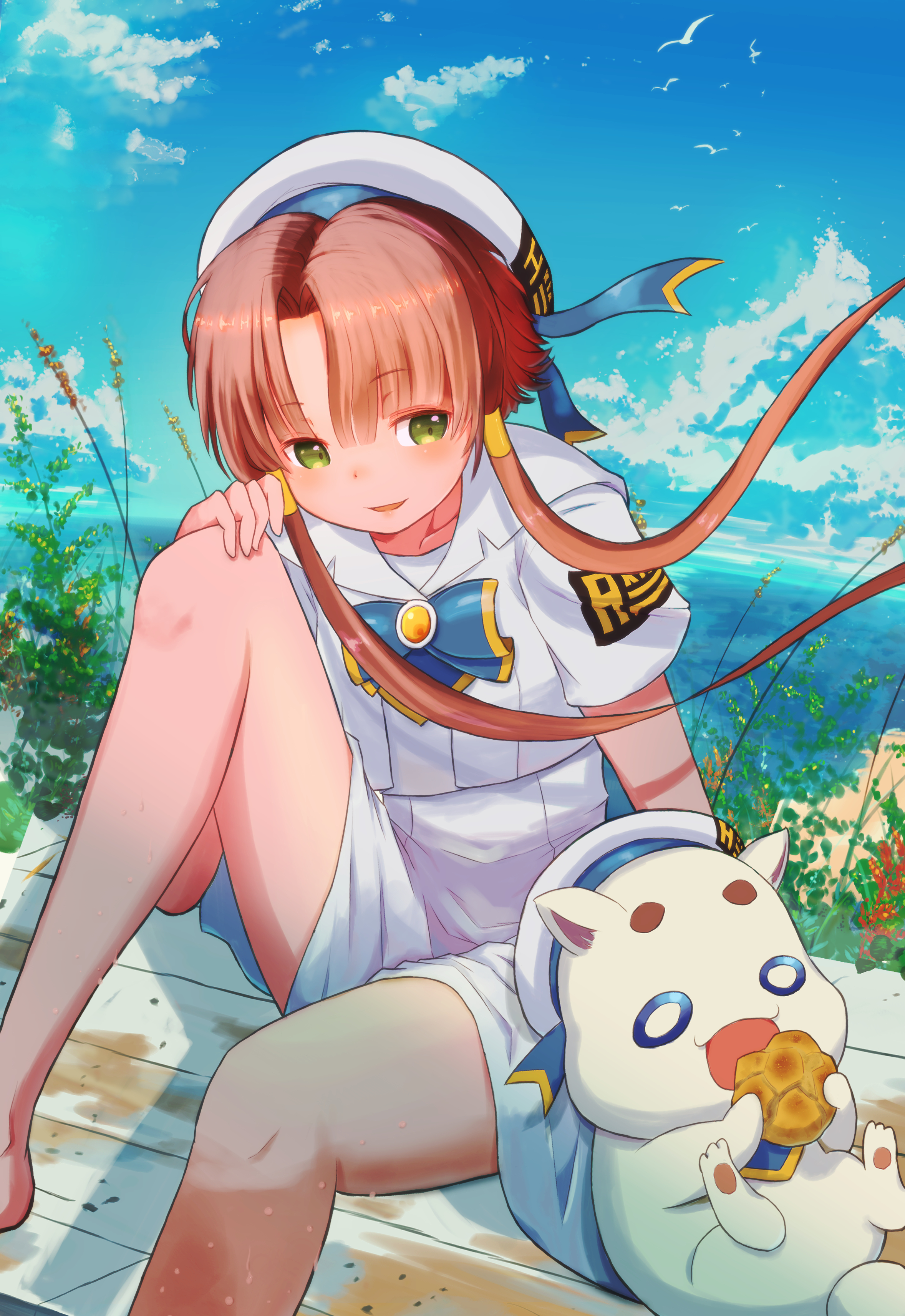 1girl absurdres aria_(manga) aria_company_uniform aria_pokoteng bare_legs barefoot beret bird blue_bow blue_bowtie blue_ribbon blue_sky blush bow bowtie cat cloud cloudy_sky collarbone dress eating eyelashes feet_out_of_frame gold_trim green_eyes hair_tubes hat hat_ribbon highres knee_up legs looking_at_another mizunashi_akari open_mouth outdoors parted_bangs pink_hair plant ribbon sailor_collar seagull short_hair_with_long_locks short_sleeves sitting sky smile stamac_jack thighs white_cat white_dress white_hat