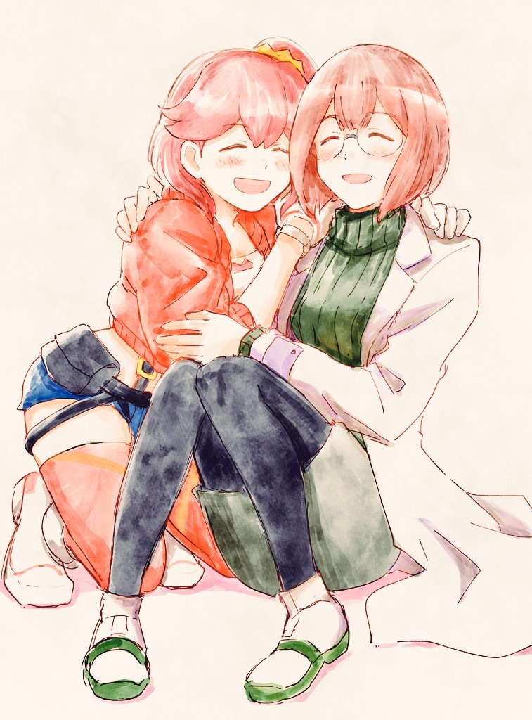 2girls ^_^ aina_ardebit black_legwear blush closed_eyes closed_eyes glasses gloves hand_on_another&#039;s_shoulder heris_ardebit jacket kneeling lab_coat multiple_girls open_mouth pantyhose pink_hair pink_legwear promare shorts siblings side_ponytail sisters sitting skirt smile sweater takeshi_(mononohu20) thighhighs turtleneck turtleneck_sweater white_gloves